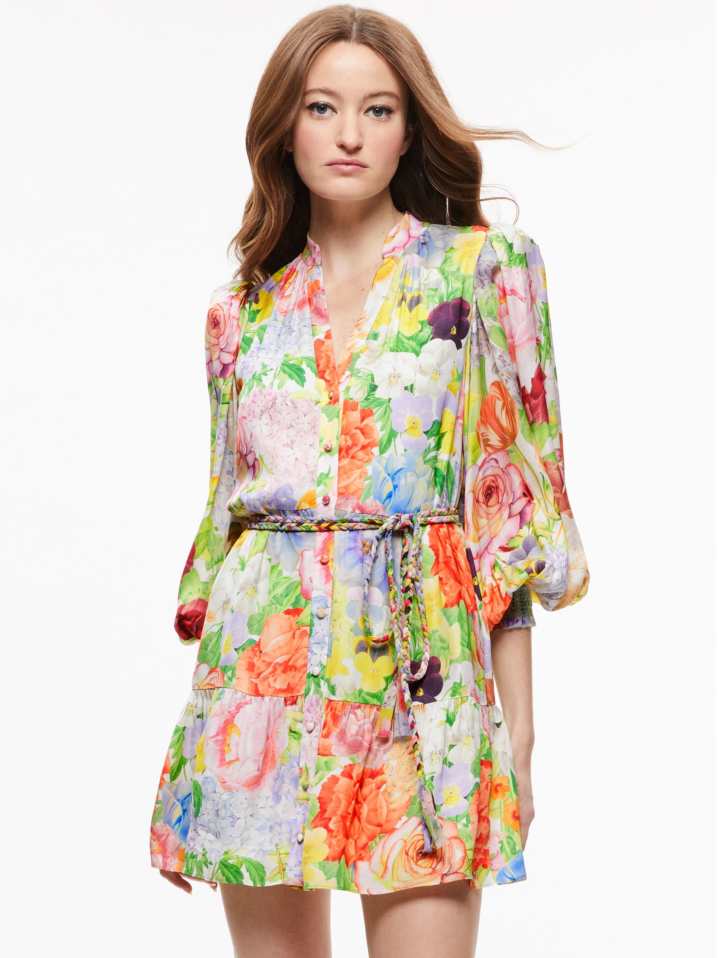 ANTONETTE LONG SLEEVE BUTTON FRONT MINI DRESS-DAWN FLORAL-ALICE + OLIVIA