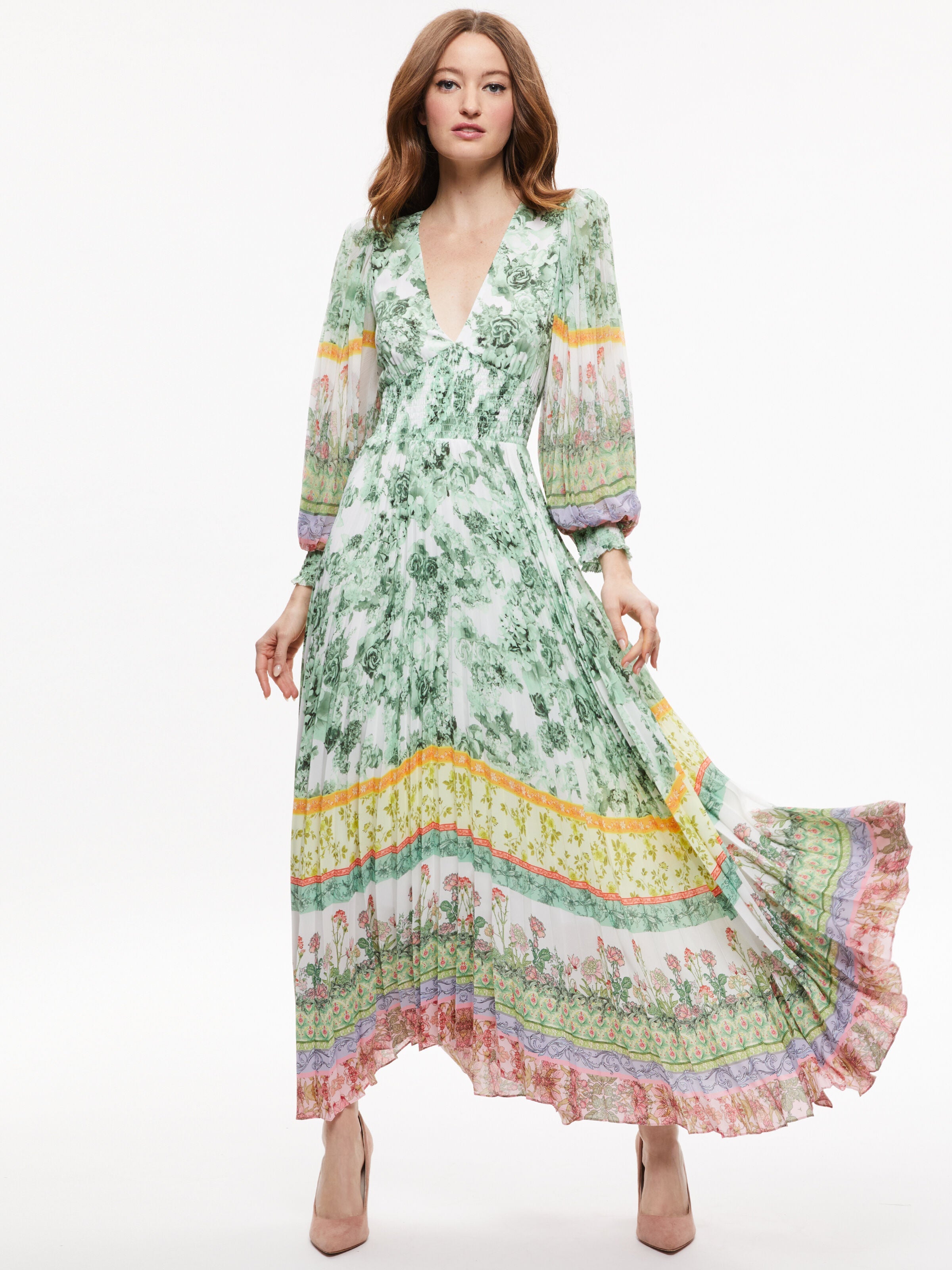 SION SUNBURST PLEATED MAXI DRESS-EFFLORESCENT-ALICE + OLIVIA
