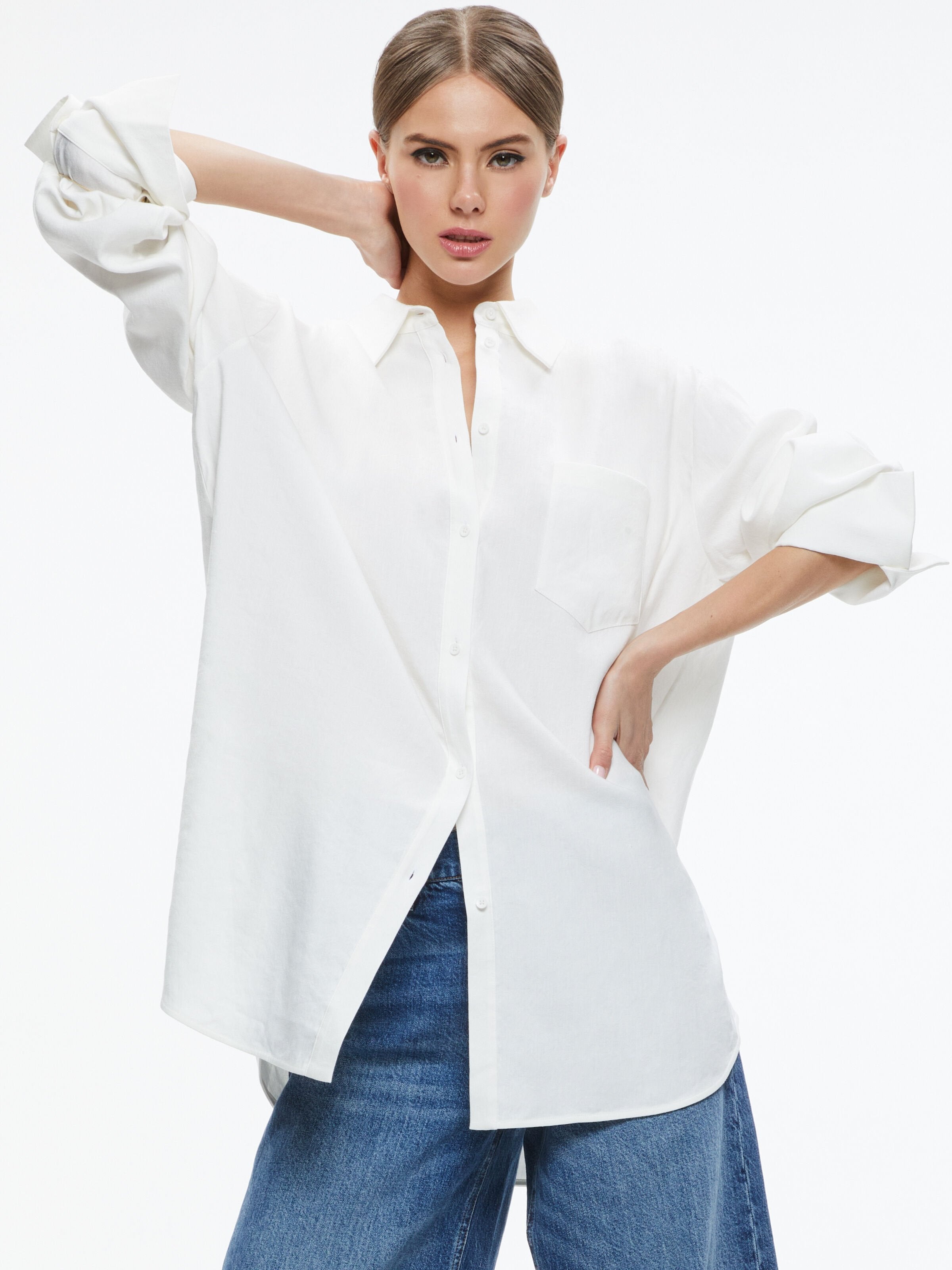 FINELY OVERSIZED LINEN BUTTON DOWN SHIRT-ALICE + OLIVIA