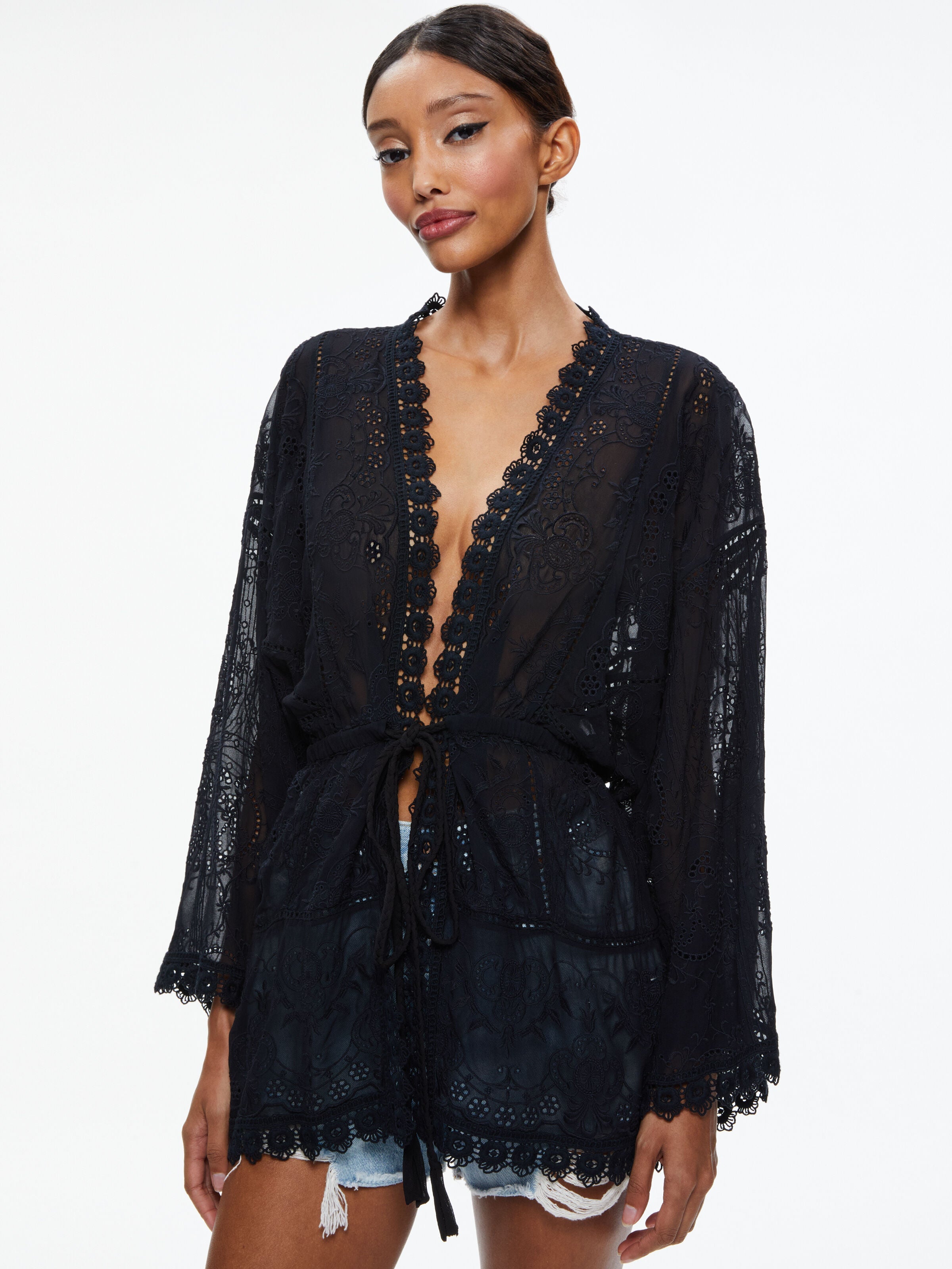 SHONA EMBROIDERED BATWING HIGH LOW BLOUSE-Black-ALICE + OLIVIA