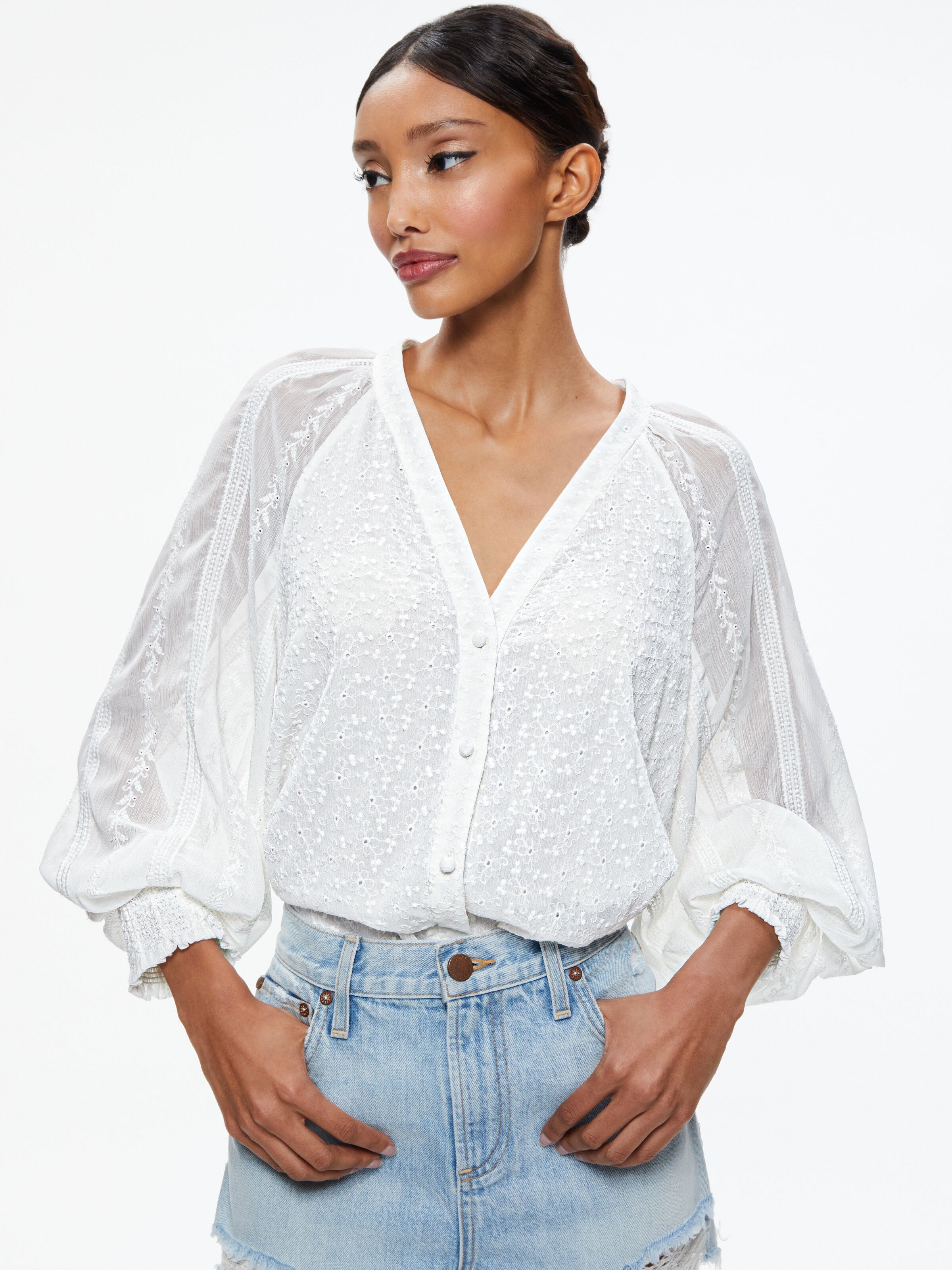 LANG EMBROIDERED BUTTON DOWN BLOUSE-ALICE + OLIVIA