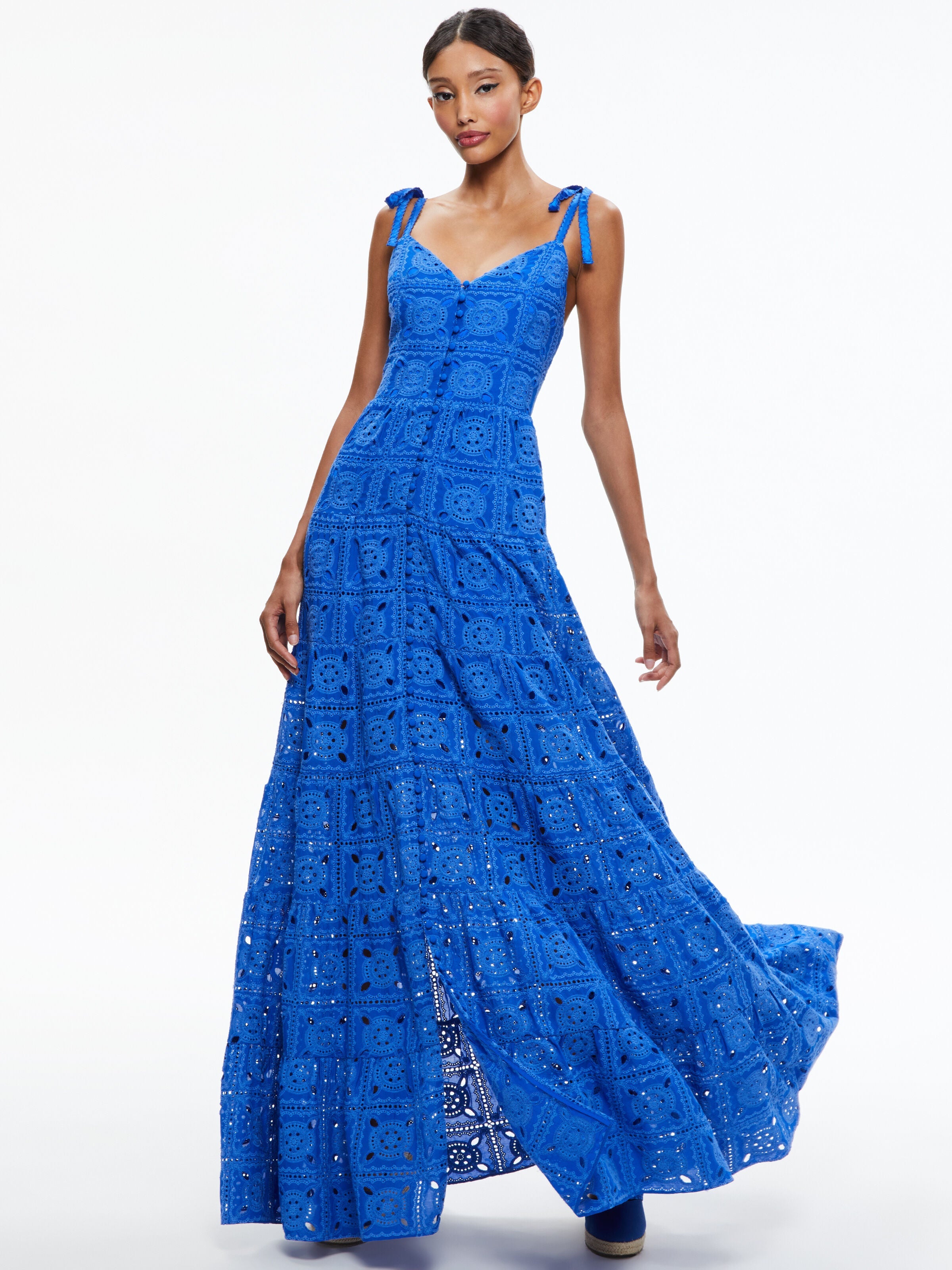 SHANTI EYELET BUTTON FRONT TIERED DRESS-SAPPHIRE-ALICE + OLIVIA