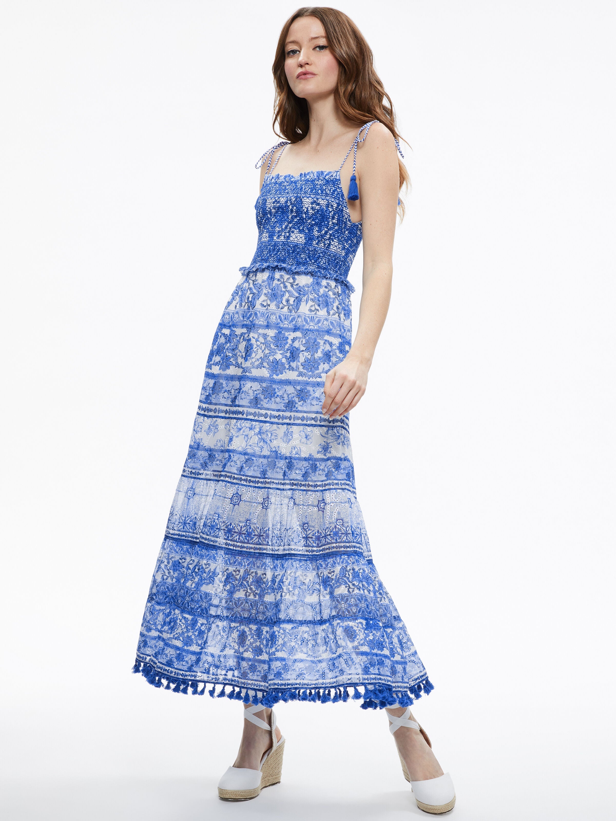 MONNIE SMOCKED TIE STRAP TIERED MIDI DRESS-ALICE + OLIVIA
