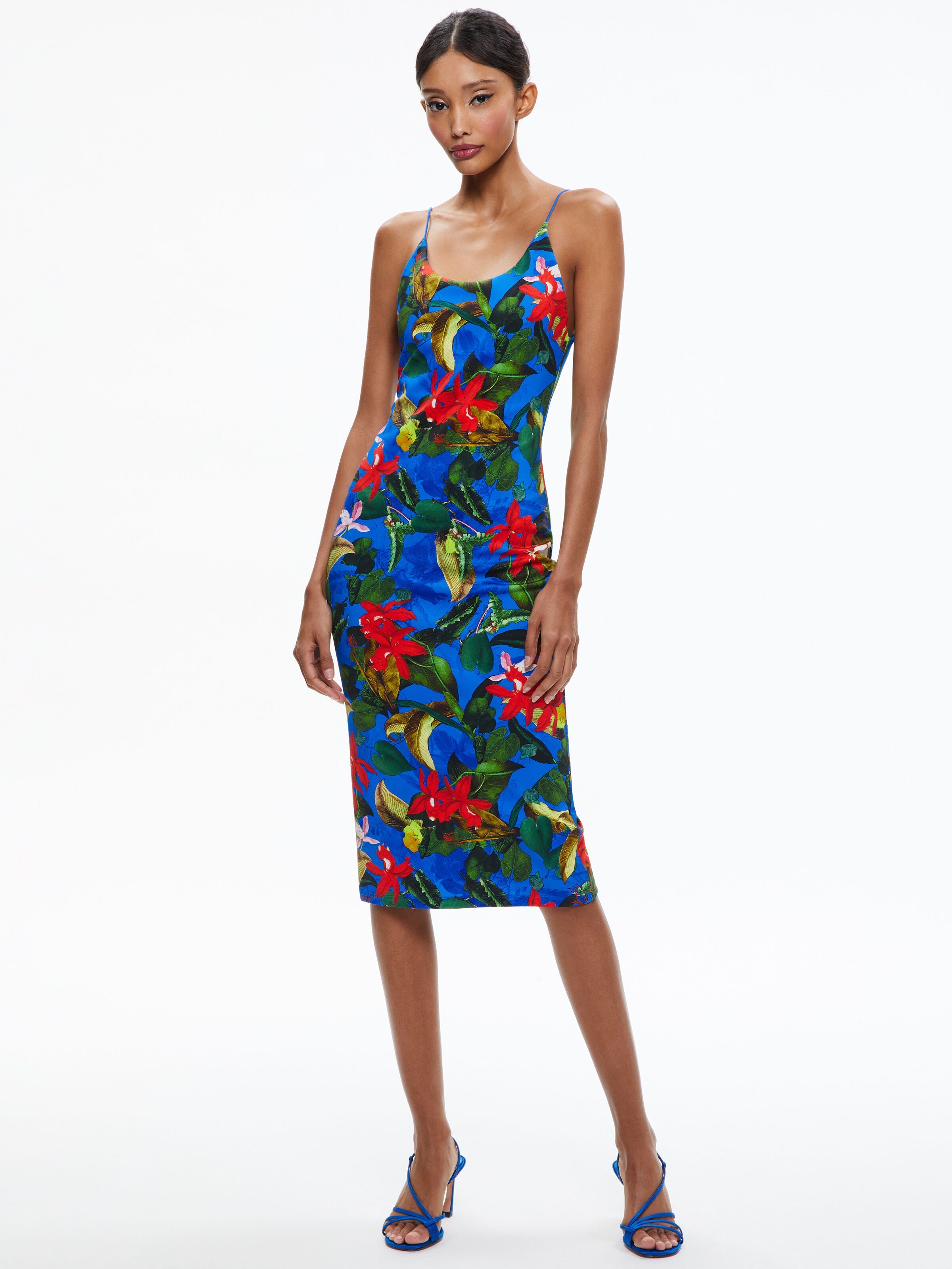 DELORA SPAGHETTI STRAP FITTED MIDI DRESS-ALICE + OLIVIA