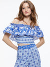 KIA SMOCKED COLD SHOULDER RUFFLE CROP TOP-GREEK TILE-ALICE + OLIVIA