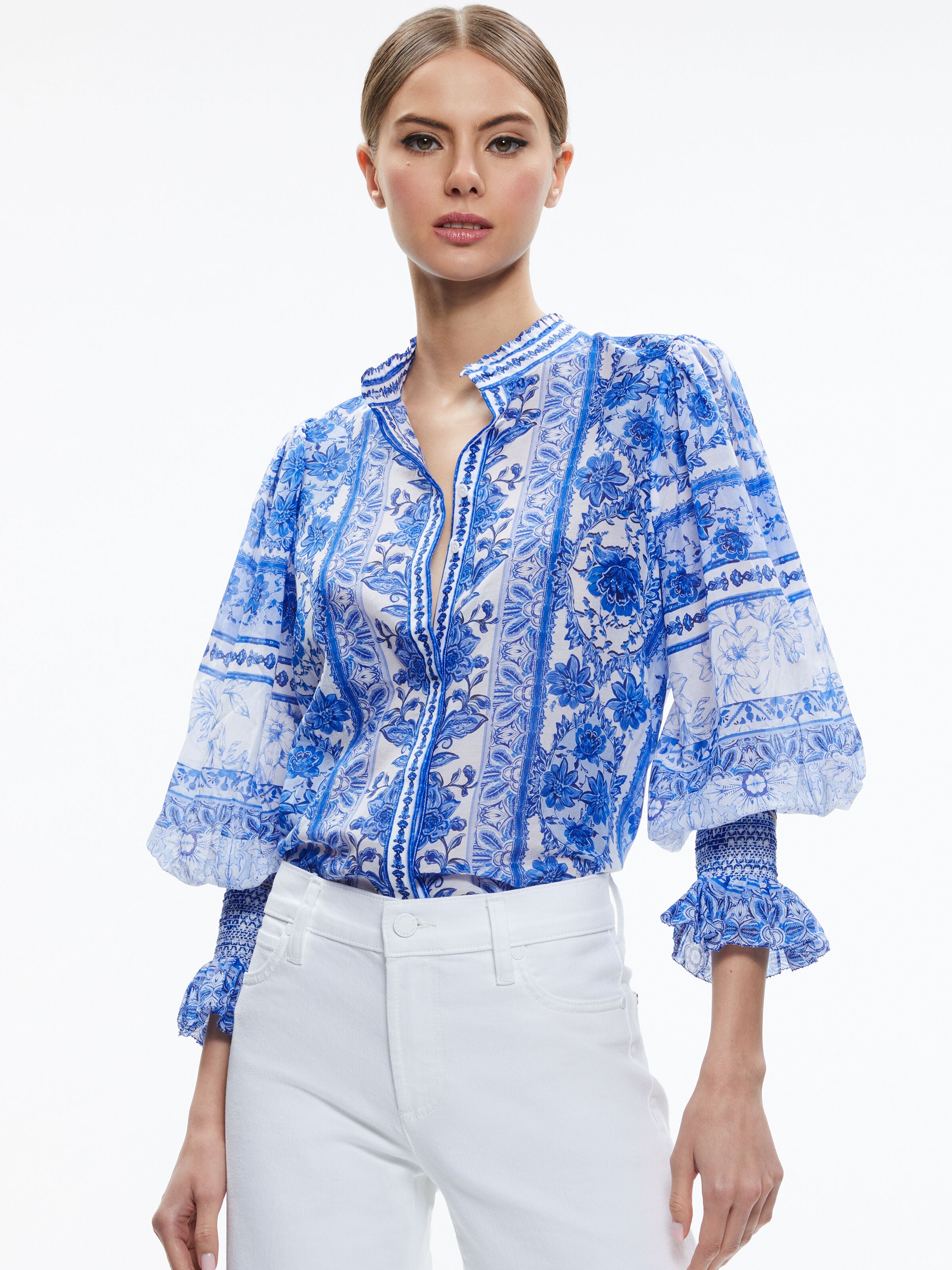 ILAN SMOCKED SLEEVE BUTTON FRONT BLOUSE-ALICE + OLIVIA