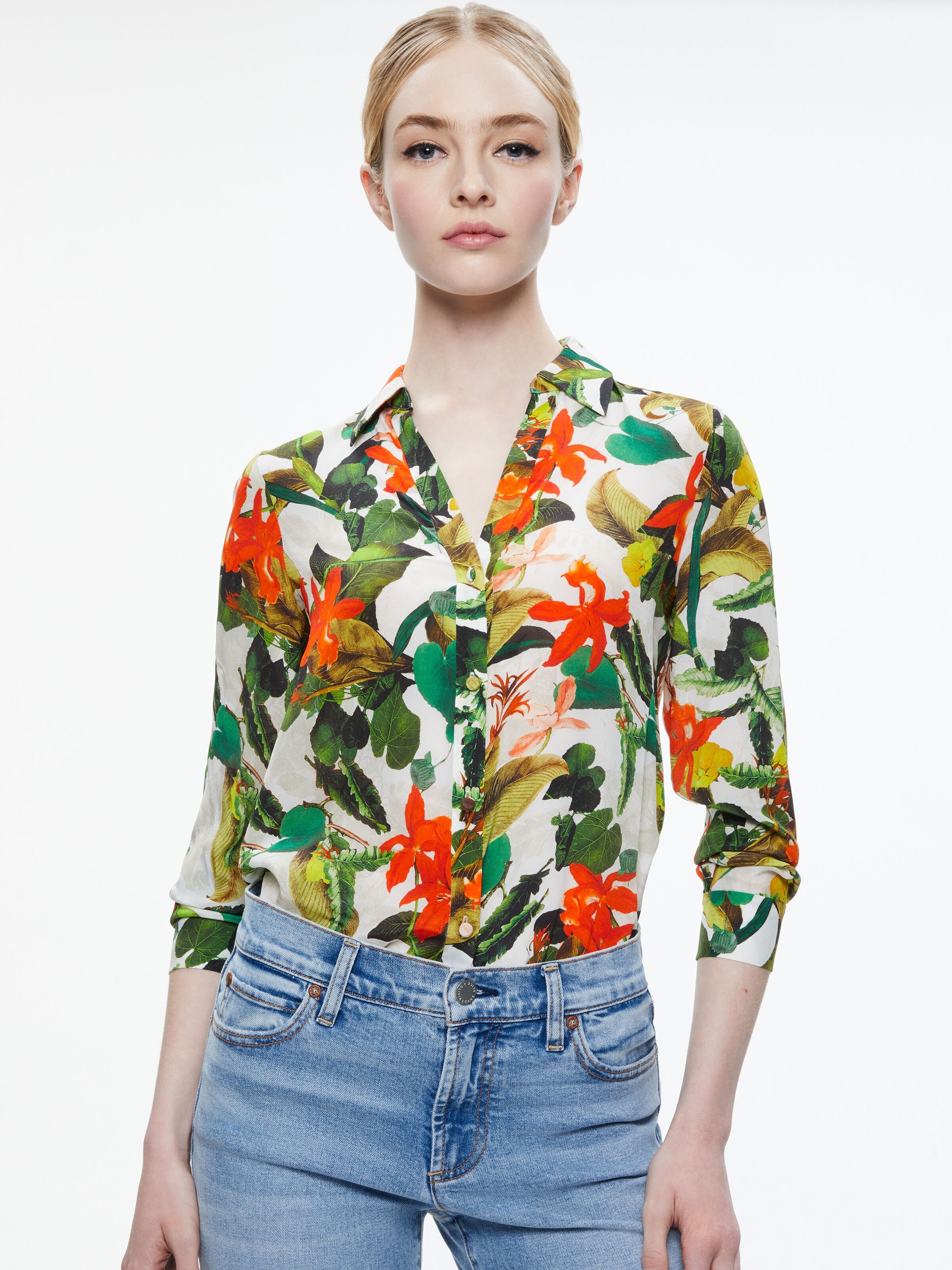 ELOISE BUTTON DOWN BLOUSE-TROPICAL PALM OFF WHITE-ALICE + OLIVIA