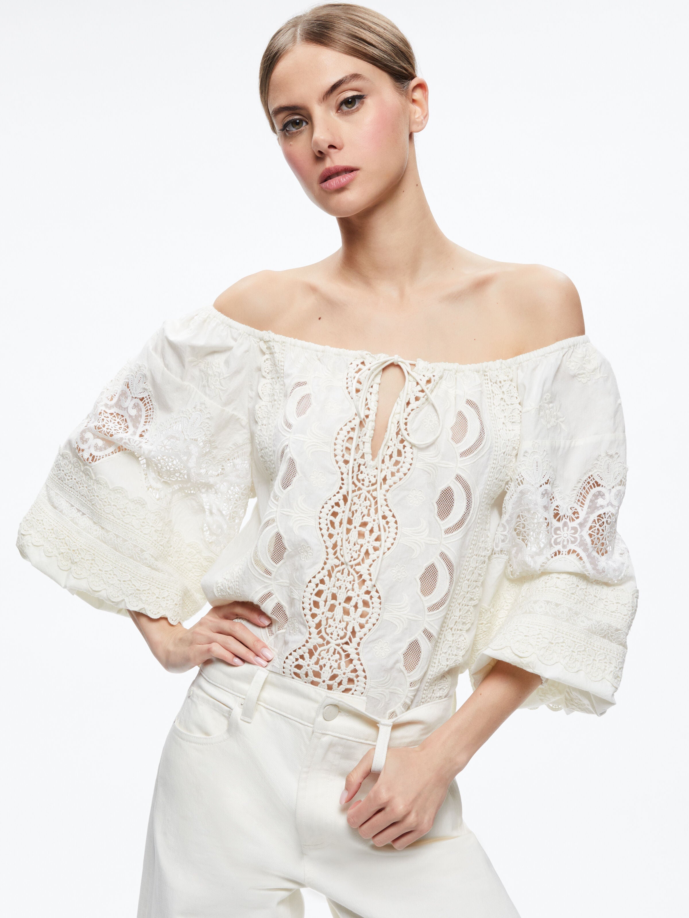 ALTA EMBROIDERED OFF THE SHOULDER BLOUSE-CANOPY TILE BLACK-ALICE + OLIVIA