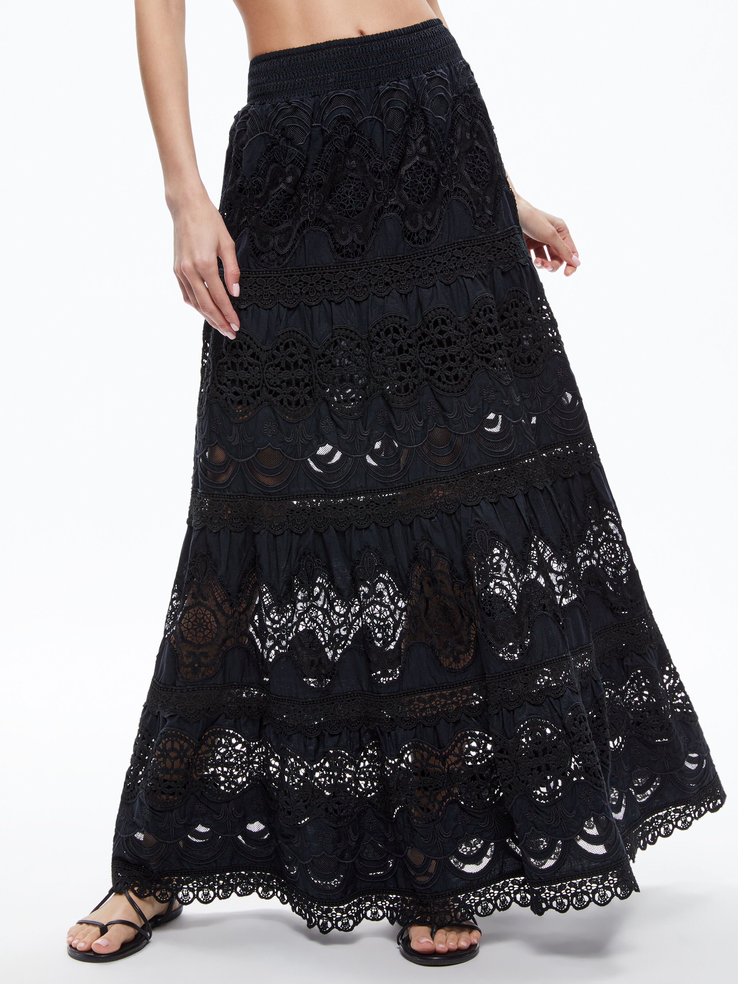CALI EMBROIDERED TIERED MAXI SKIRT-ALICE + OLIVIA