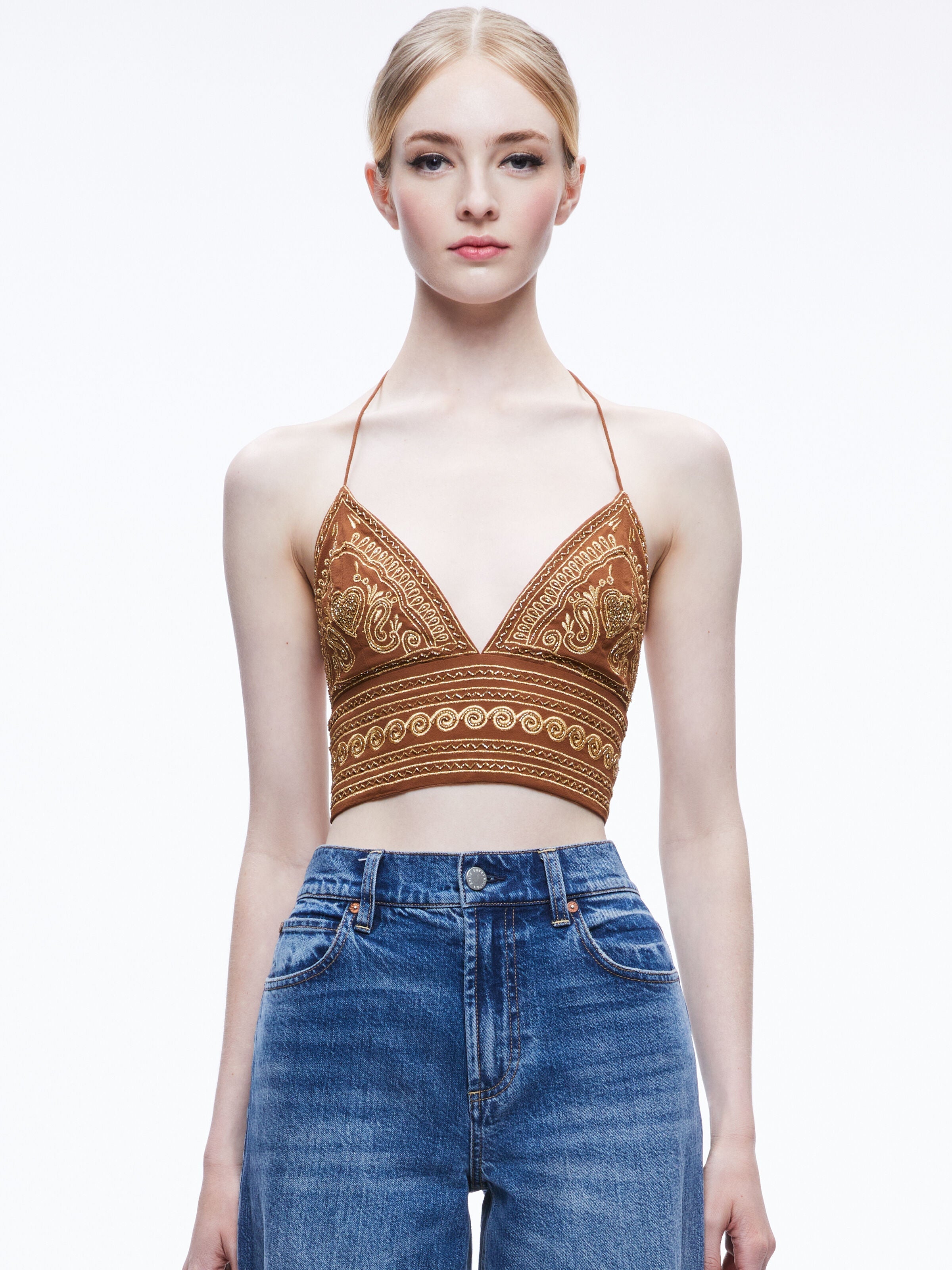 CARLI EMBROIDERED TIE NECK BRA TOP-CAMEL/GOLD-ALICE + OLIVIA