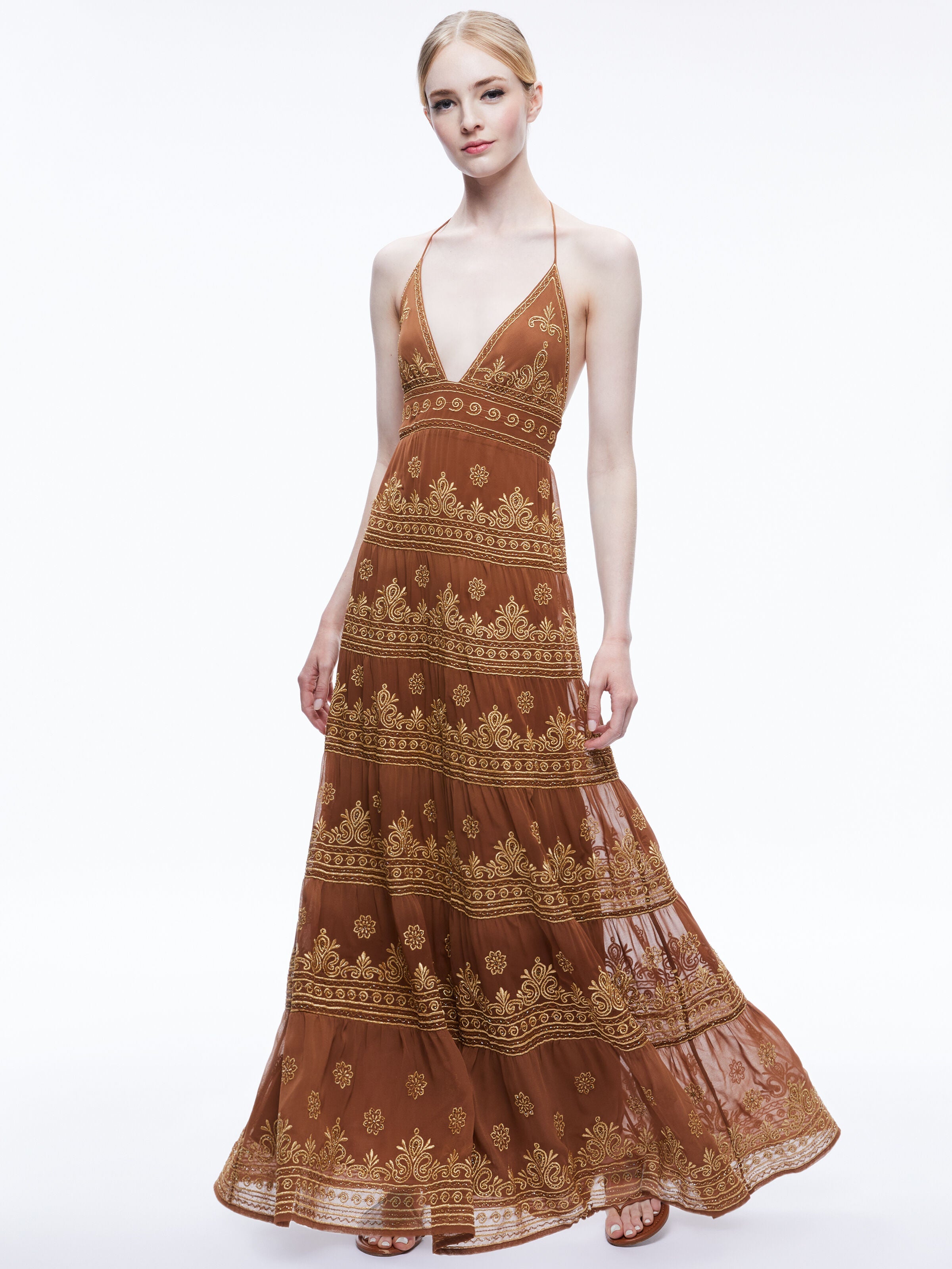 KAROLINA EMBROIDERED HALTER NECK MAXI DRESS-ALICE + OLIVIA