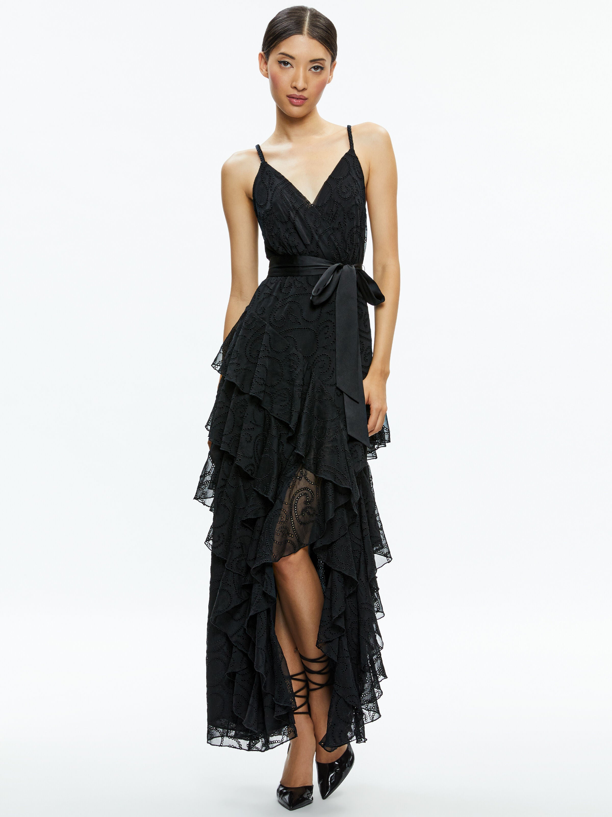 EMELIA V-NECK EYELET RUFFLE MAXI DRESS-ALICE + OLIVIA