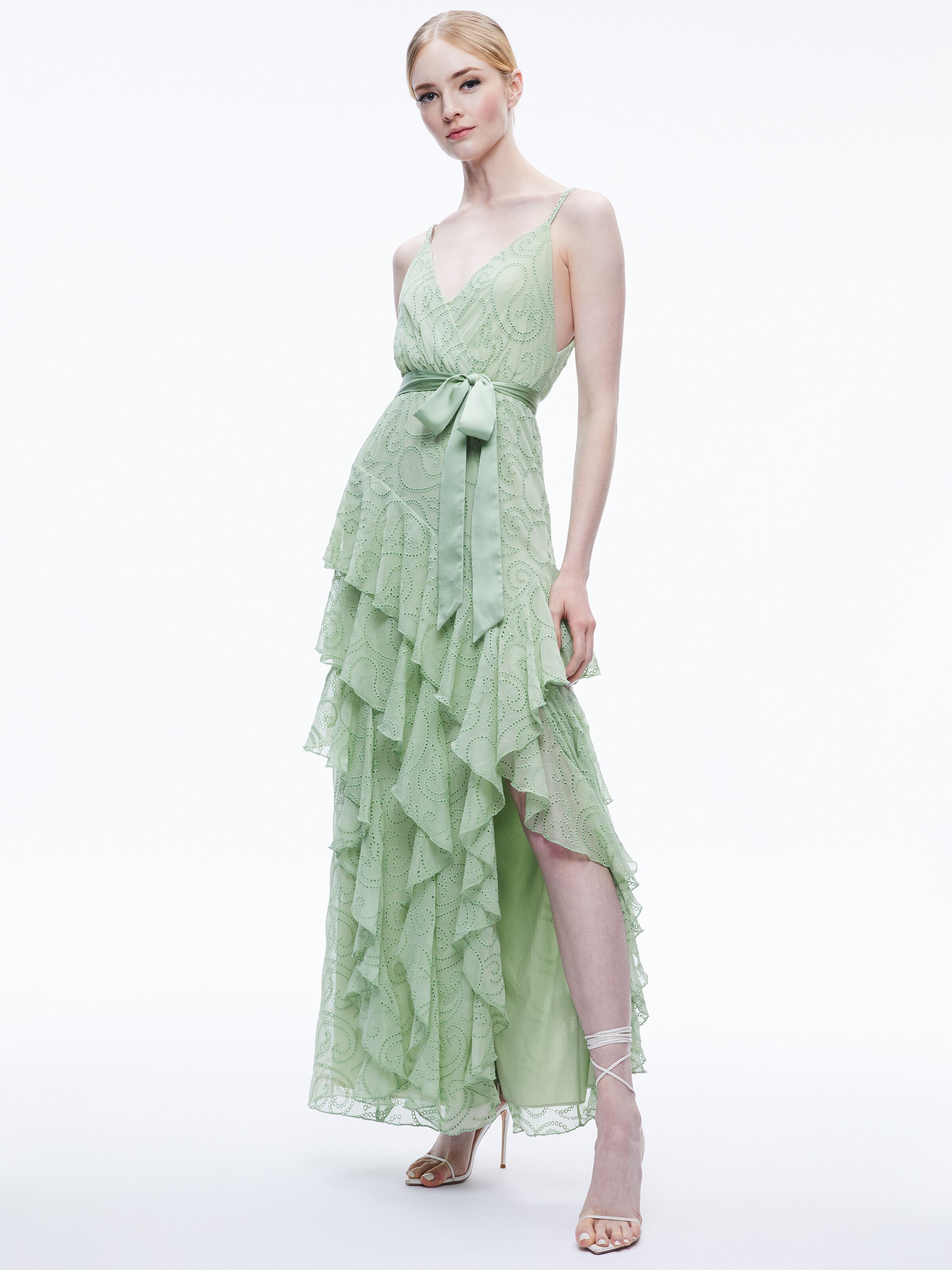 EMELIA V-NECK EYELET RUFFLE MAXI DRESS