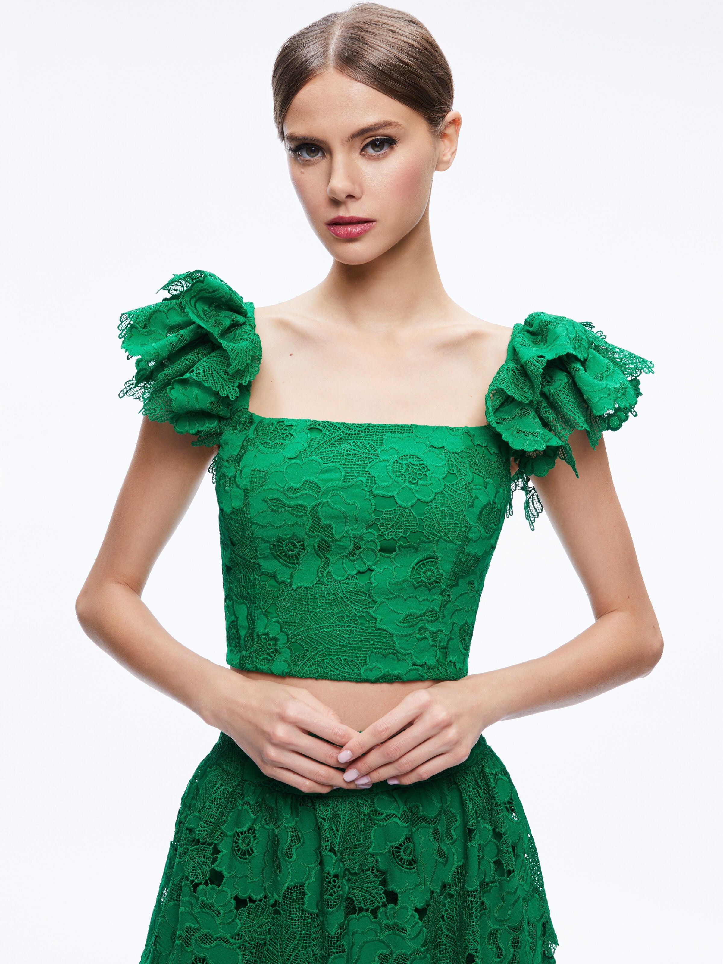 TAWNY EYELET SQUARE NECK CROP TOP-EMERALD-ALICE + OLIVIA