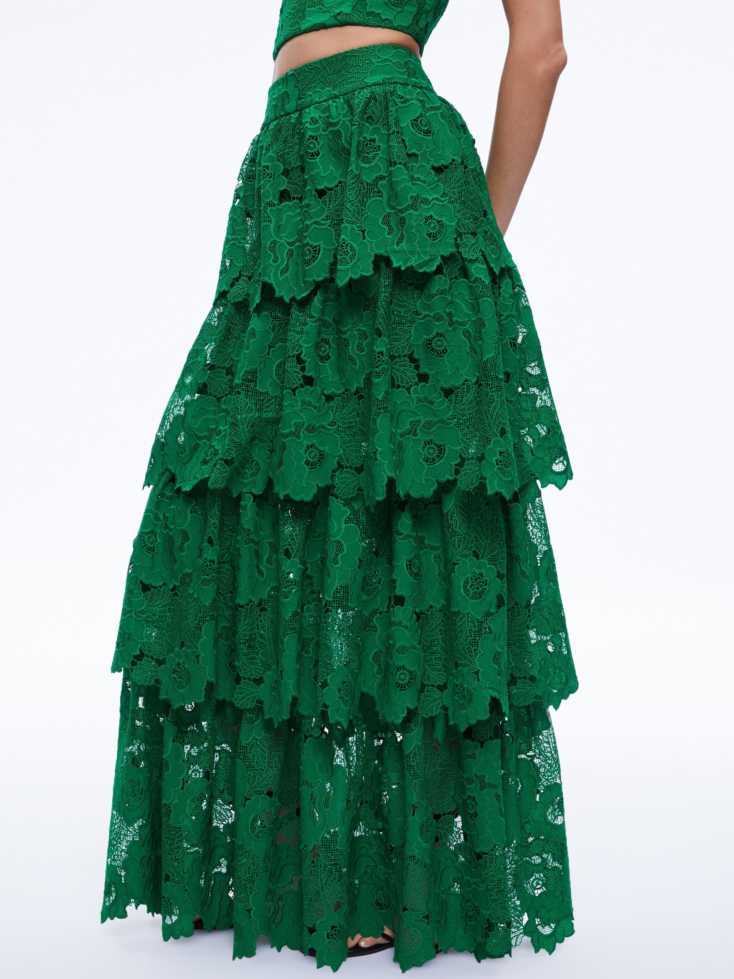 JIA EYELET TIERED RUFFLE MAXI SKIRT-EMERALD-ALICE + OLIVIA