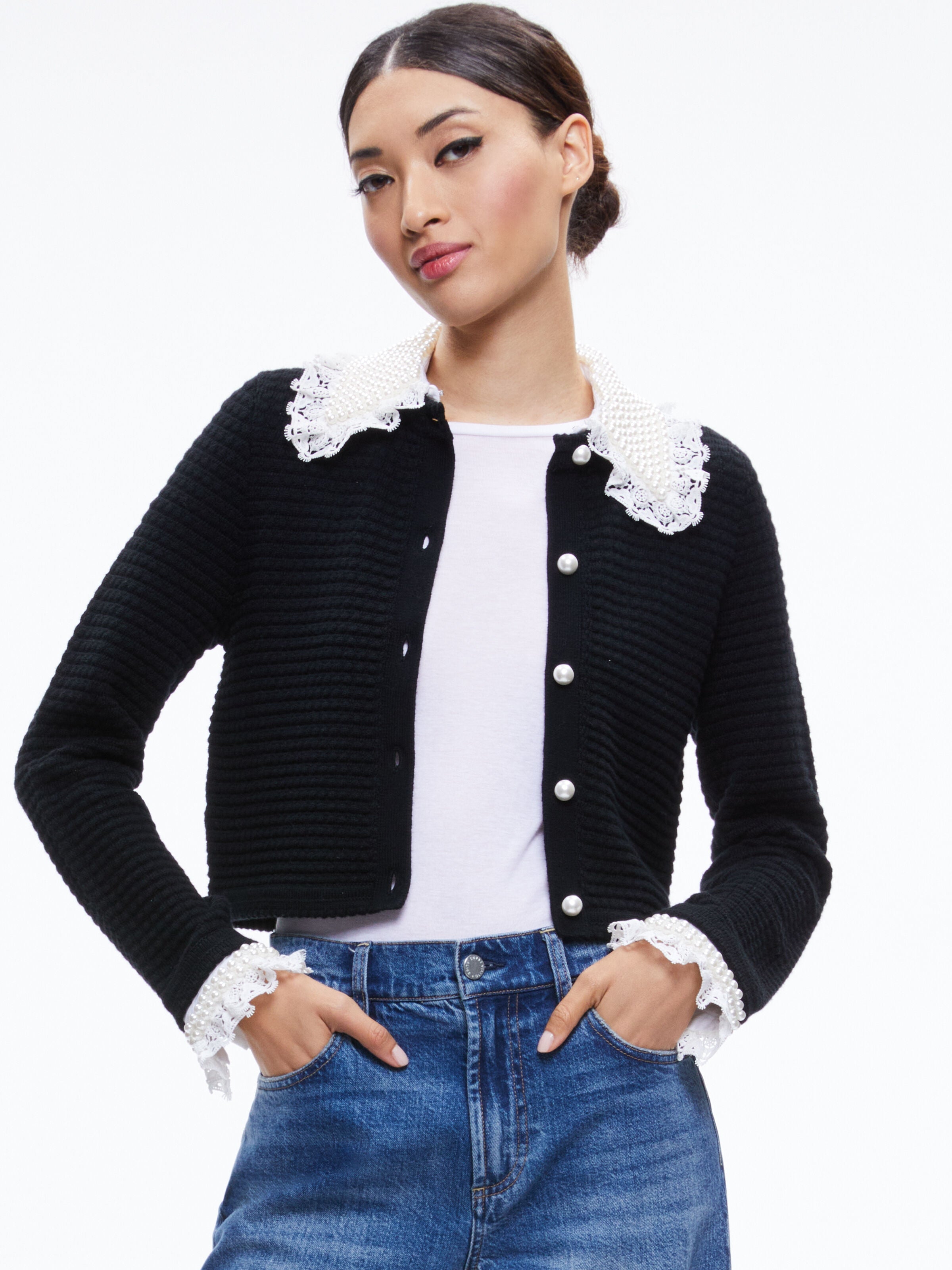 NOELLA EMBELLISHED COLLARED CARDIGAN-Black-ALICE + OLIVIA