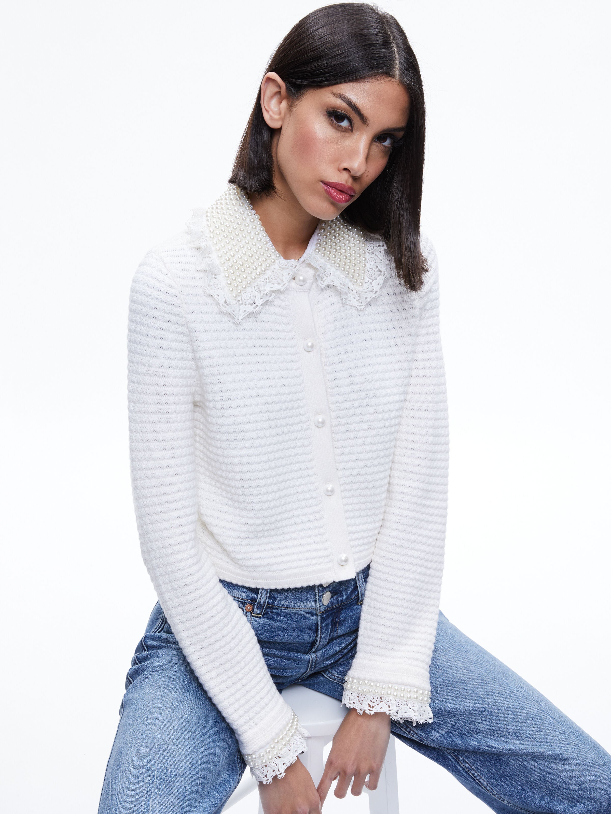 NOELLA EMBELLISHED COLLARED CARDIGAN-Black-ALICE + OLIVIA