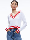 MARIKA CABLE KNIT V-NECK PULLOVER-SOFT WHITE/PERFECT RUBY-ALICE + OLIVIA