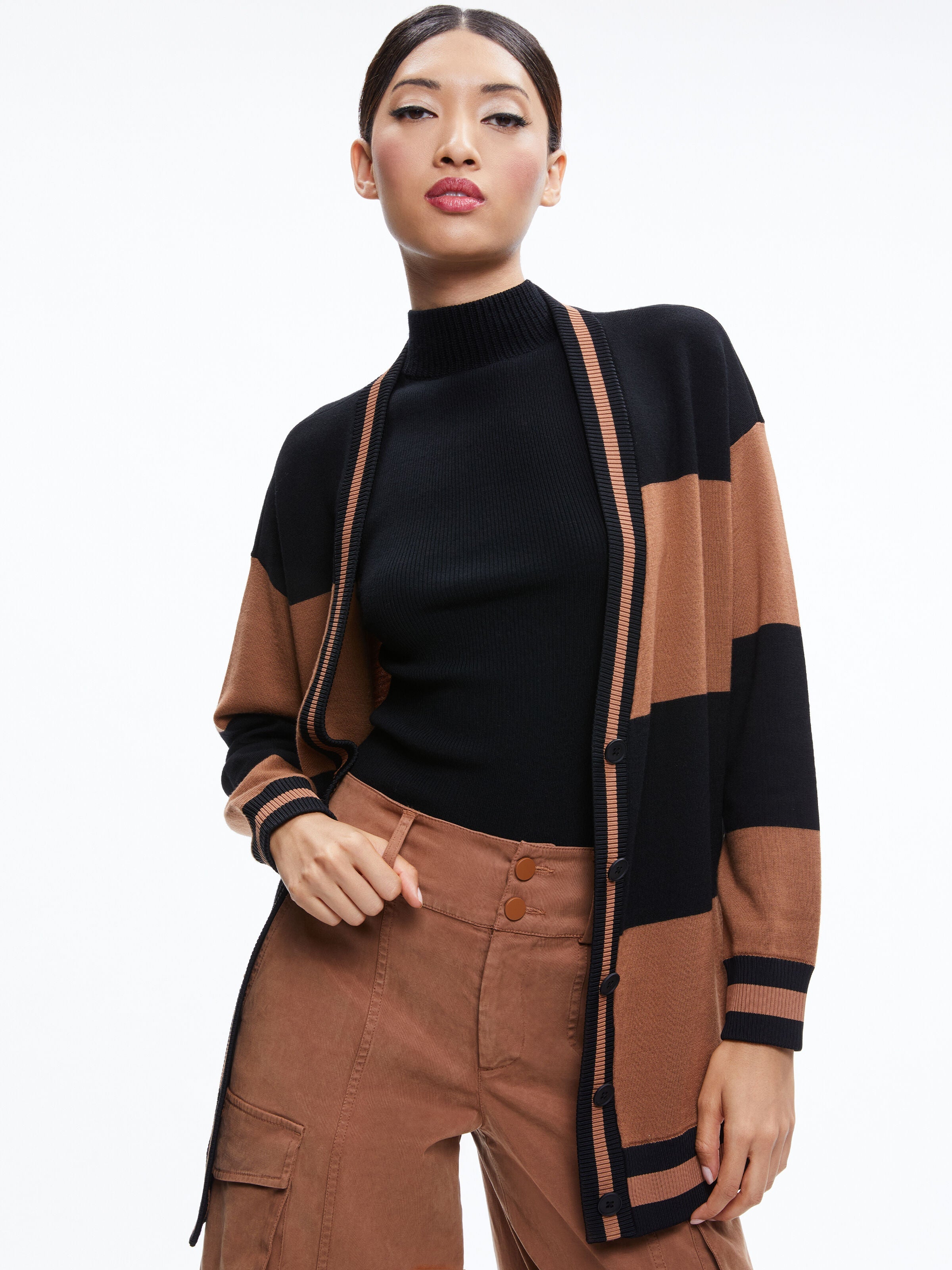 BARRY OVERSIZED V-NECK CARDIGAN-CAMEL/BLACK STRIPE-ALICE + OLIVIA