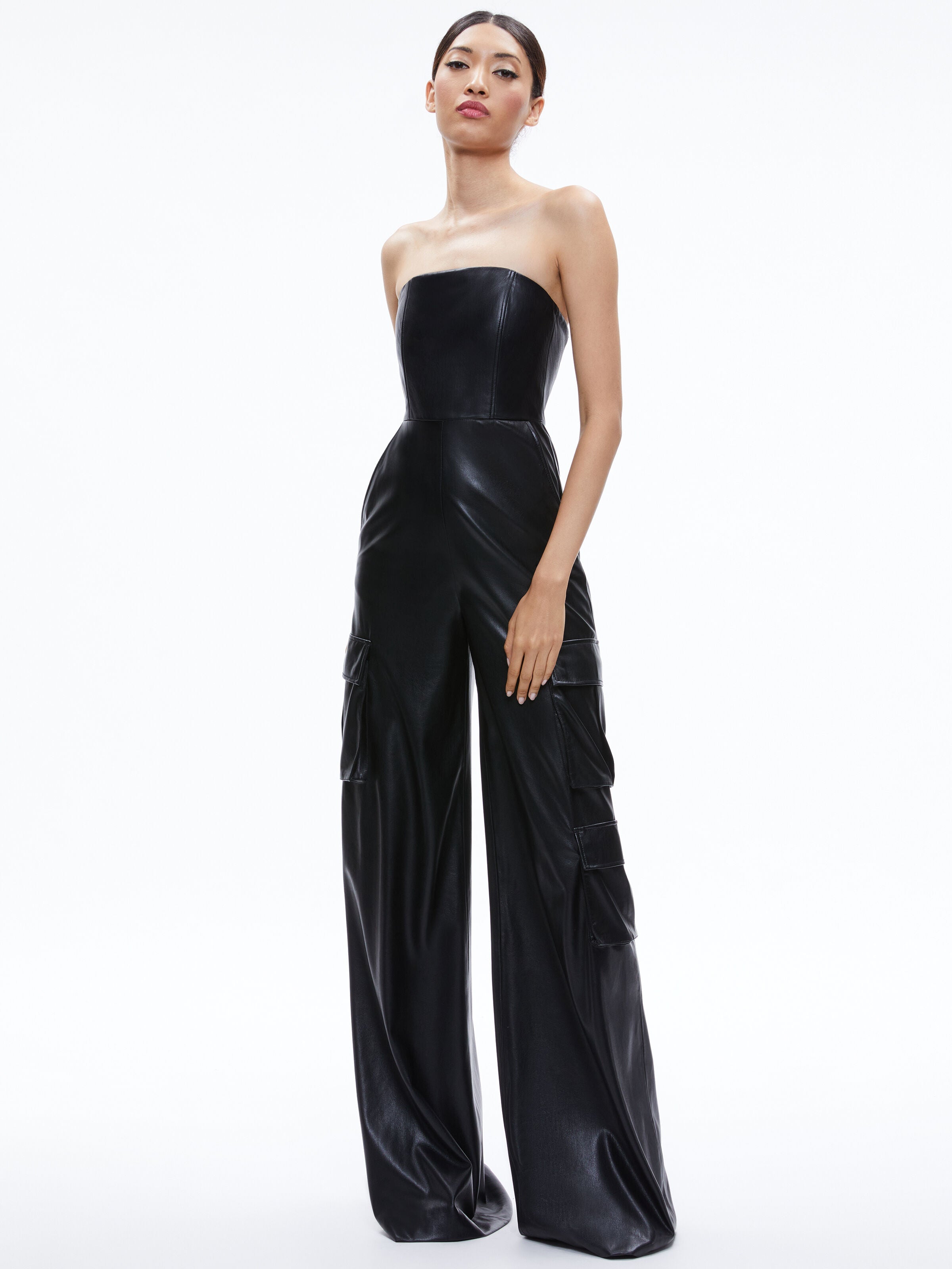 EMELDA CARGO VEGAN LEATHER JUMPSUIT-Black-ALICE + OLIVIA