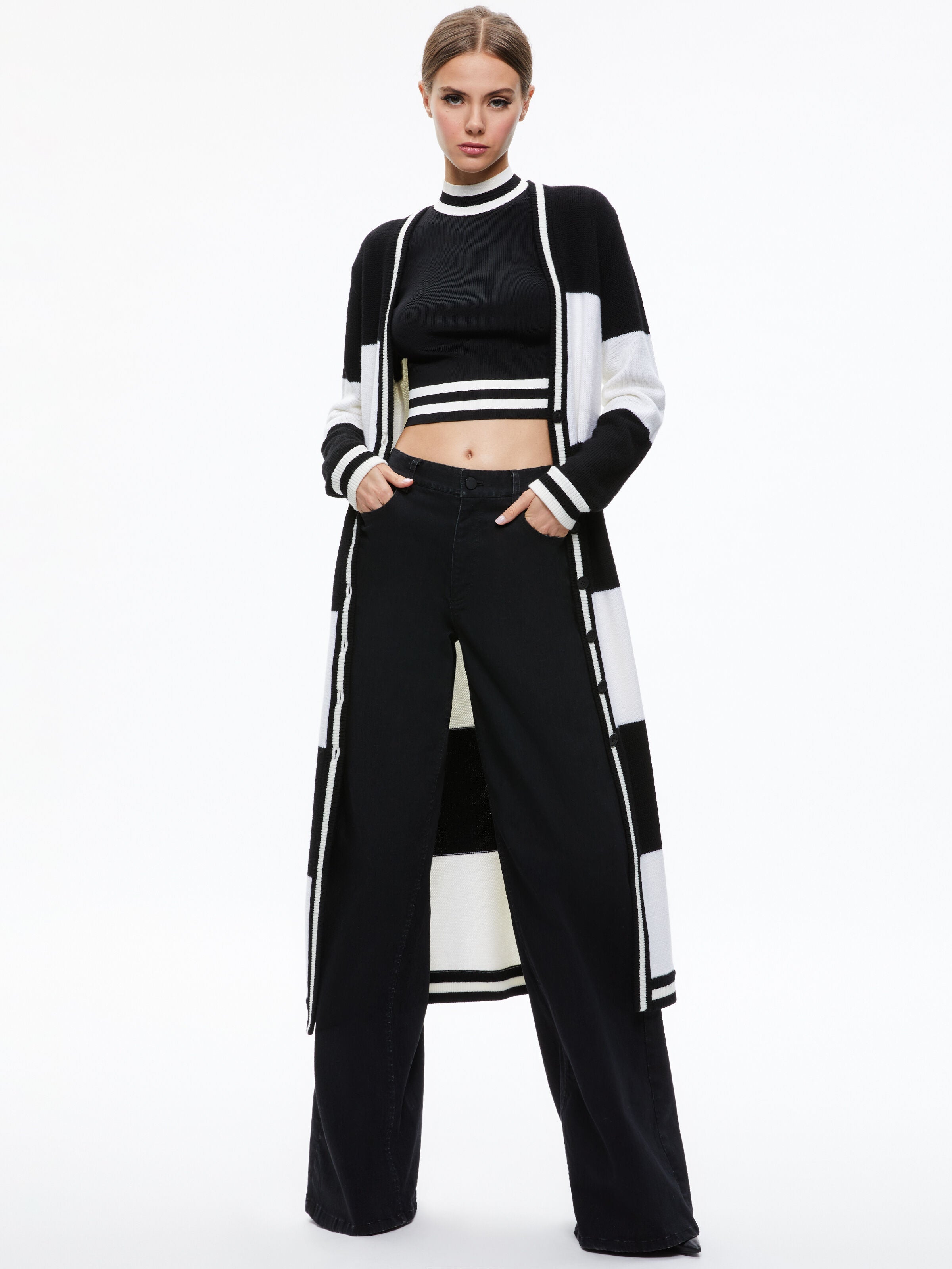 BRADFORD STRIPED LONG CARDIGAN-ECRU/BLACK STRIPE-ALICE + OLIVIA