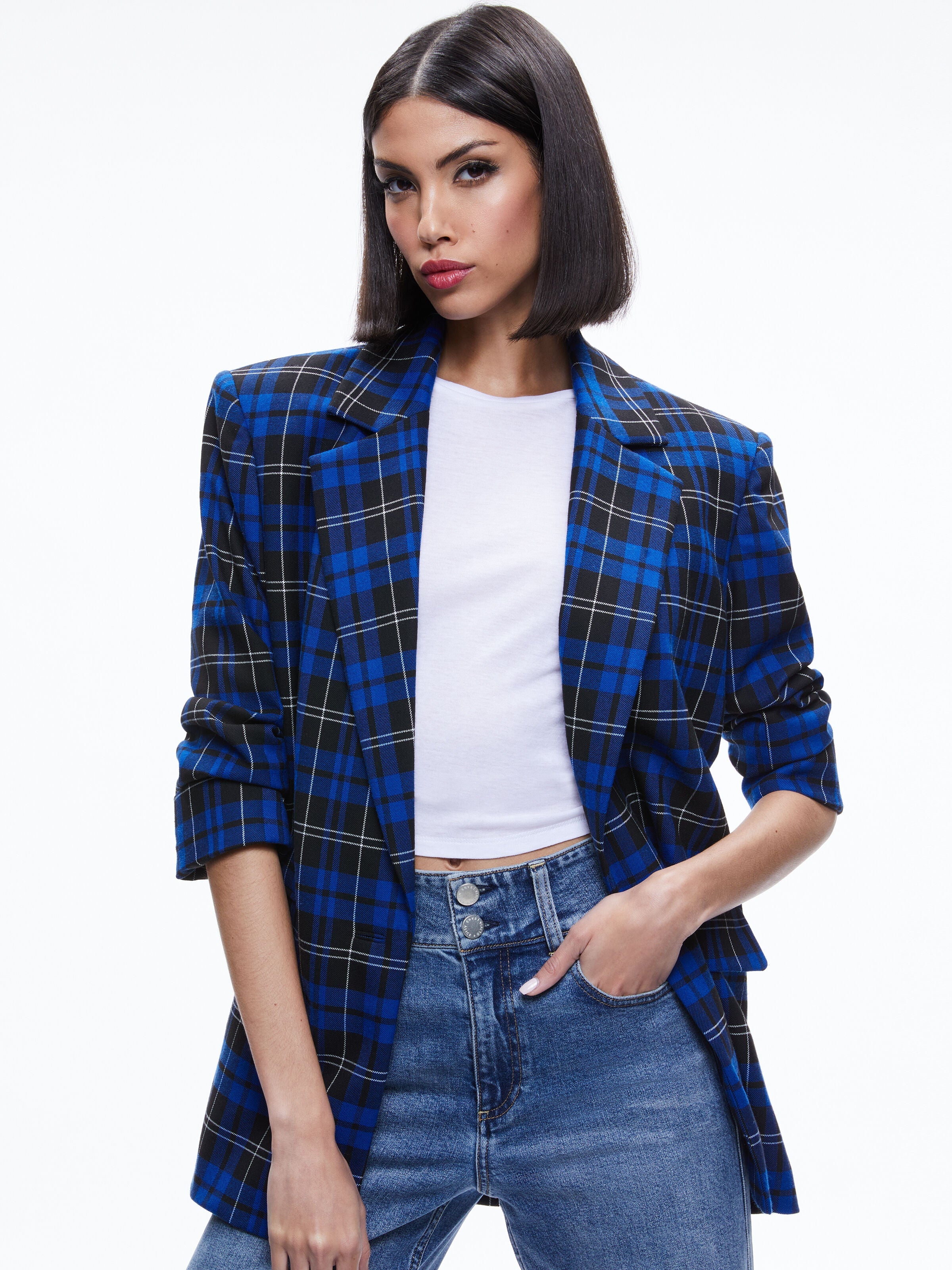 ASHLEY OVERSIZED BLAZER-SCHOOLGIRL PLAID SAPPHIRE-ALICE + OLIVIA
