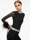 DELAINA FEATHER CUFF SLEEVE TOP-Black-ALICE + OLIVIA