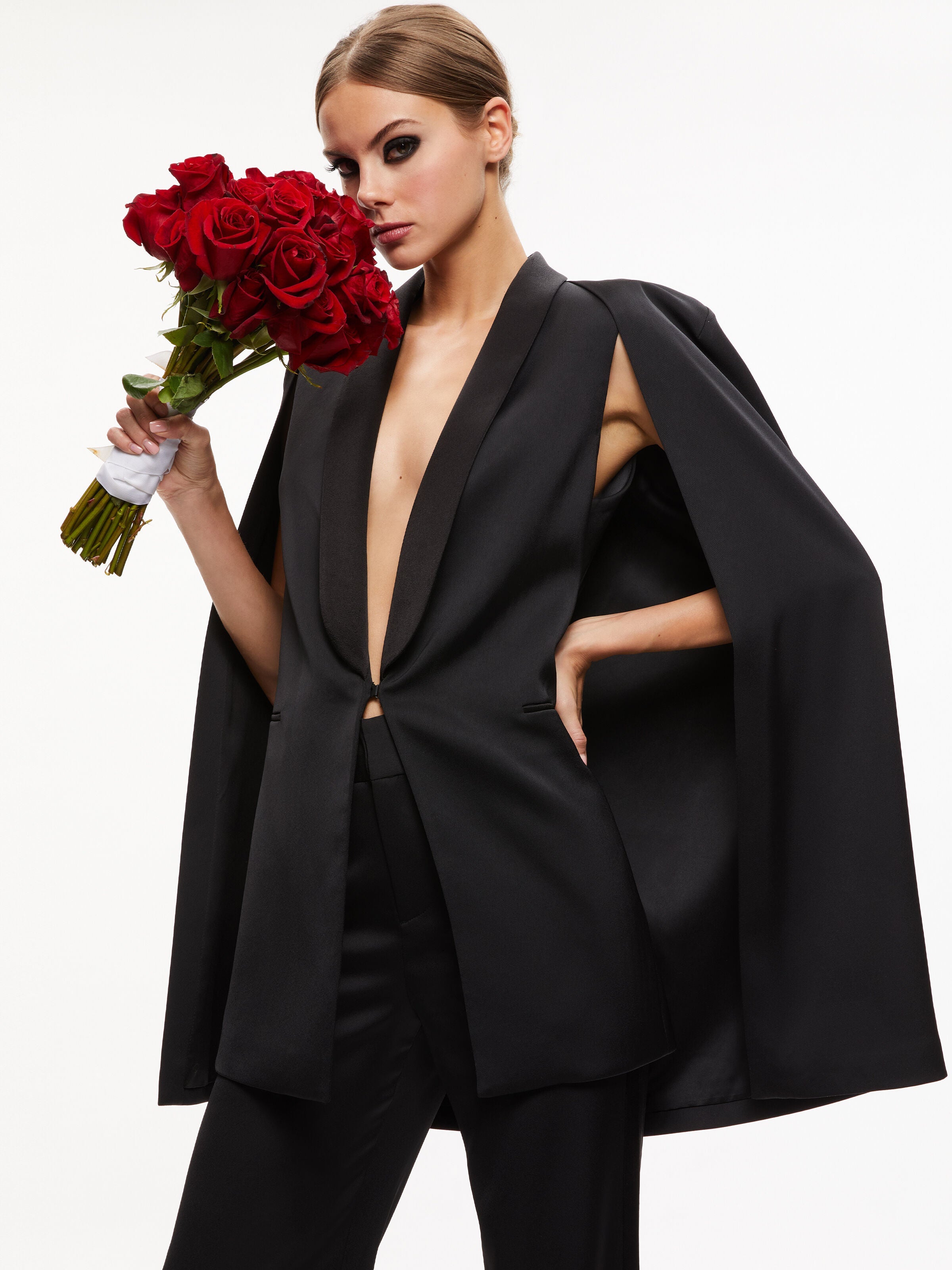 MERRIE SHAWL COLLAR CAPE VEST-Black-ALICE + OLIVIA