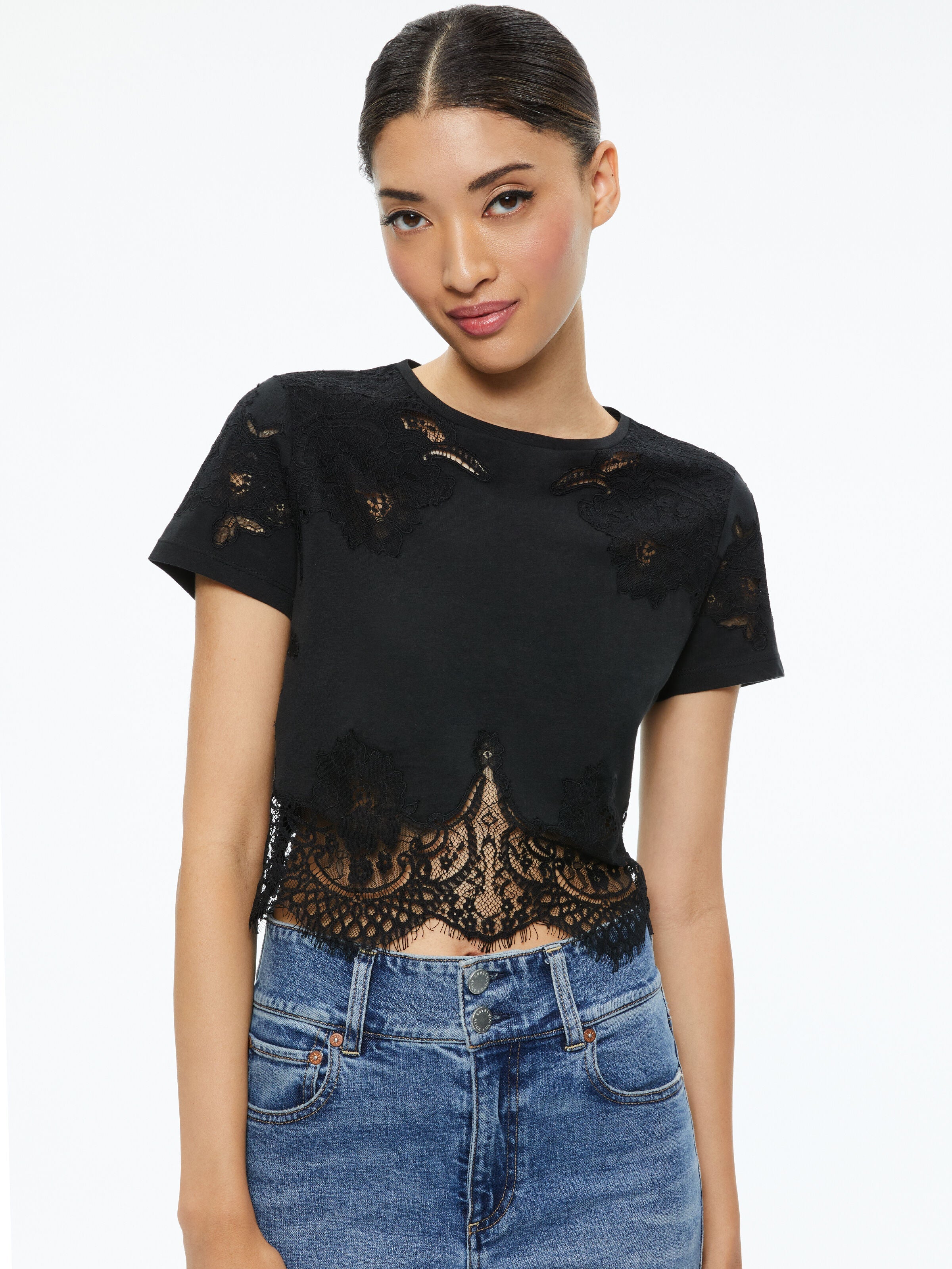 STEPHEN LACE DETAIL CROPPED TEE-Black-ALICE + OLIVIA