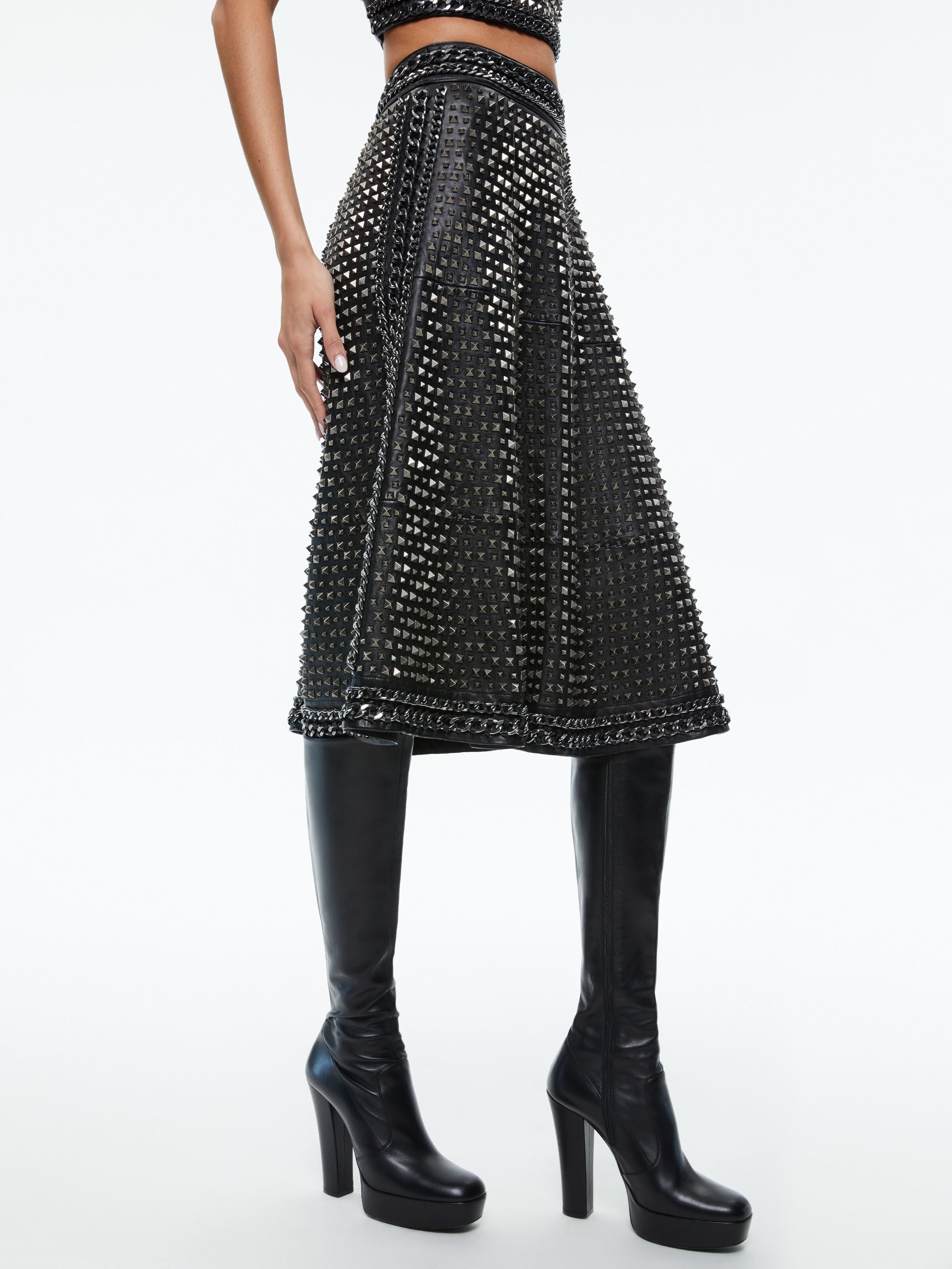 SOSIE STUDDED LEATHER MIDI SKIRT-Black-ALICE + OLIVIA