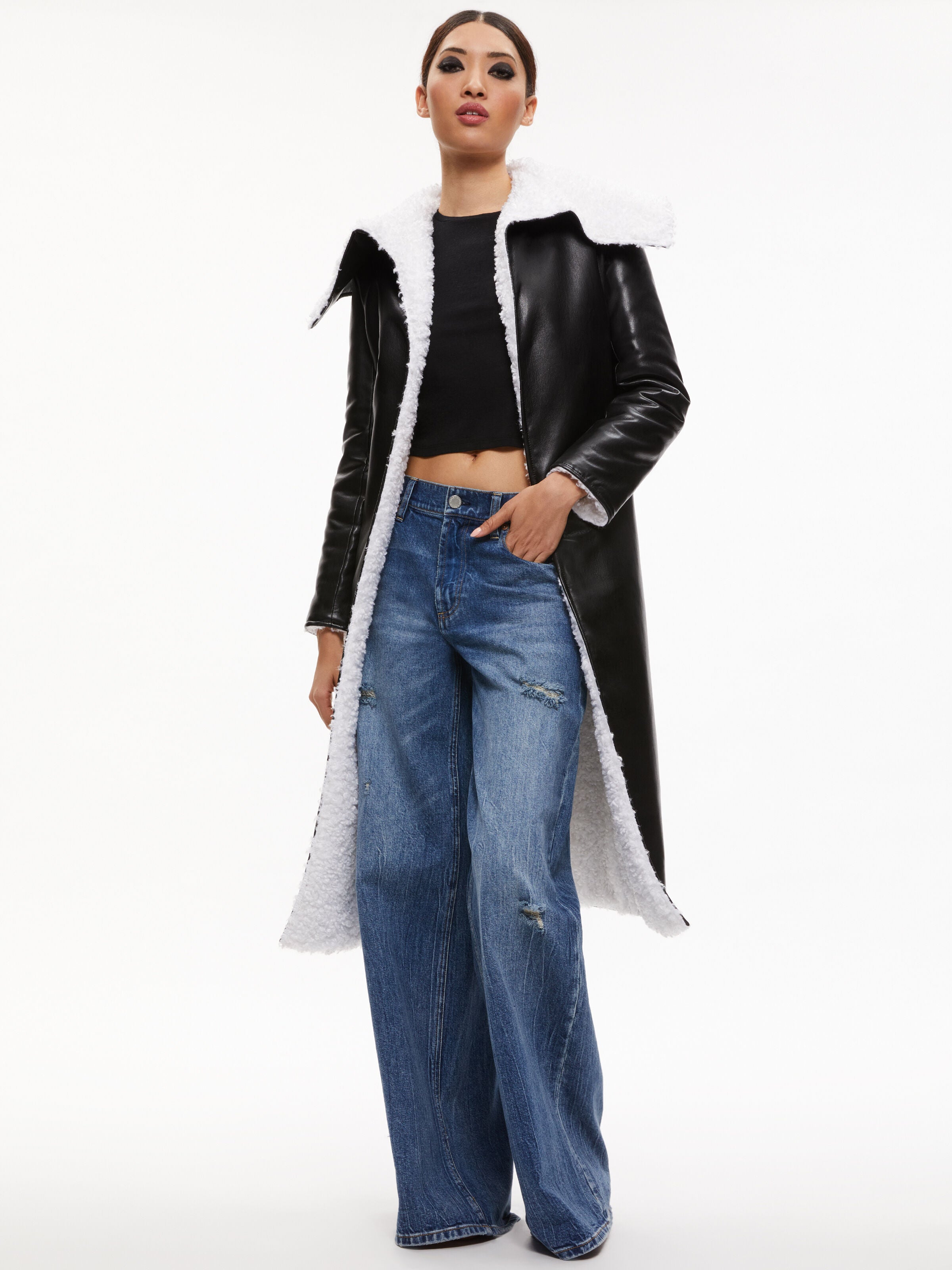 SHAN REVERSIBLE FAUX SHEARLING COAT-Black-ALICE + OLIVIA