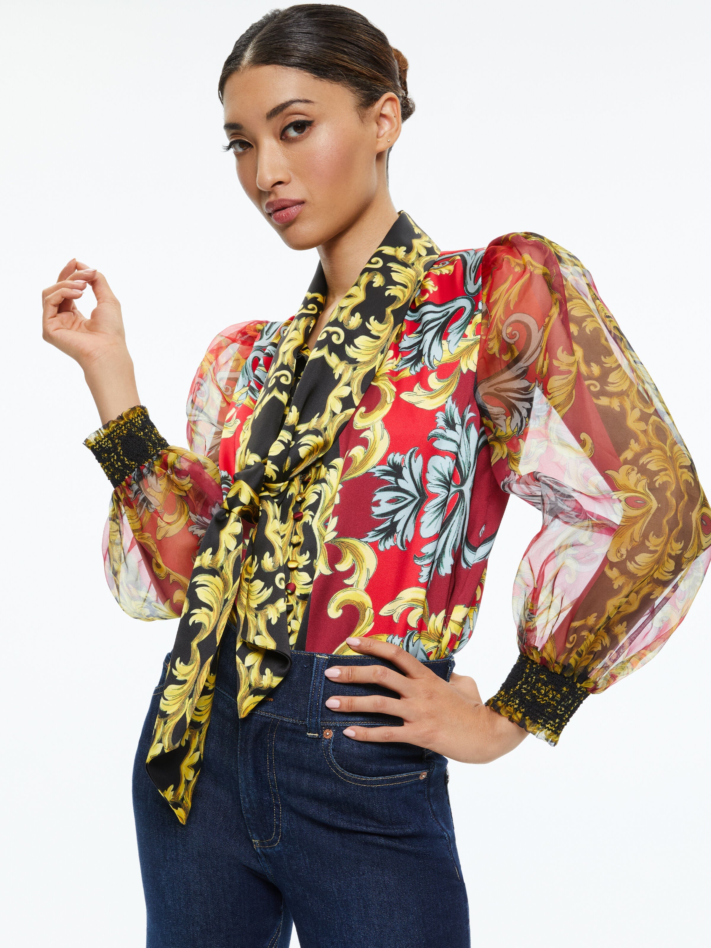 BRENTLEY TIE NECK BLOUSE-REGAL ROMANCE BORDEAUX-ALICE + OLIVIA