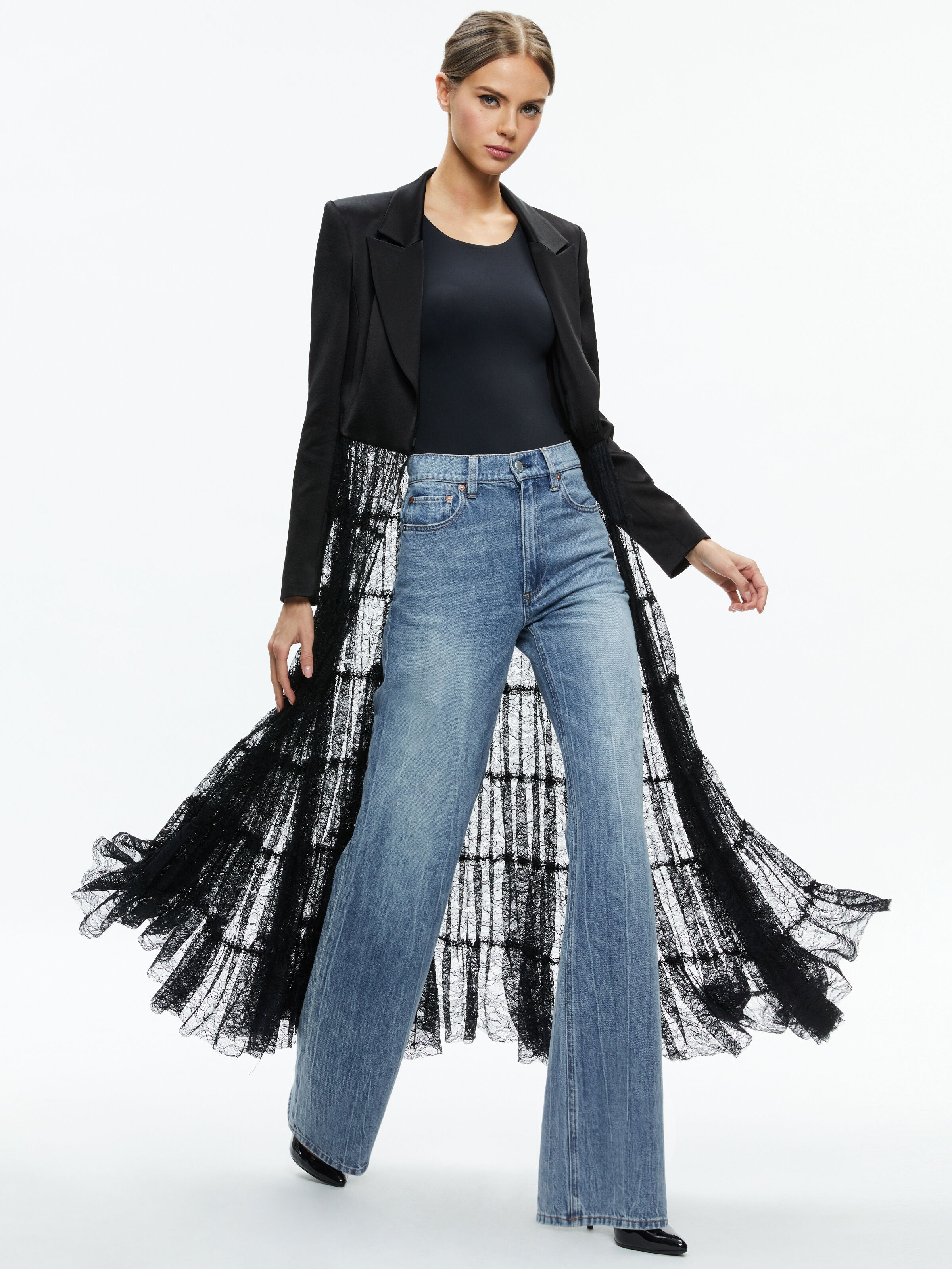 EVERLY DRAMA LACE MAXI BLAZER-Black-ALICE + OLIVIA