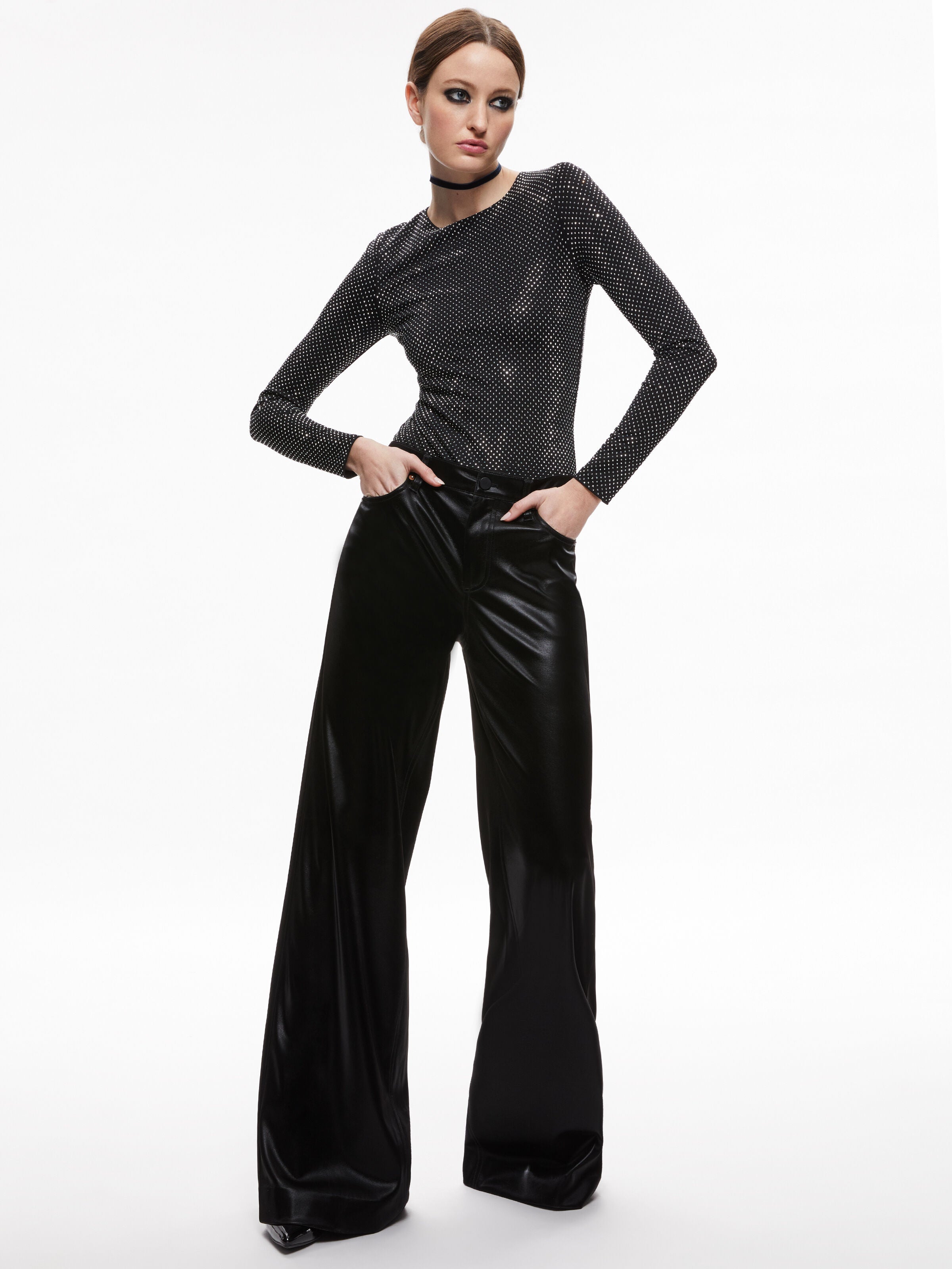 TAEYN EMBELLISHED CREW NECK BODYSUIT-BLACK/SILVER-ALICE + OLIVIA