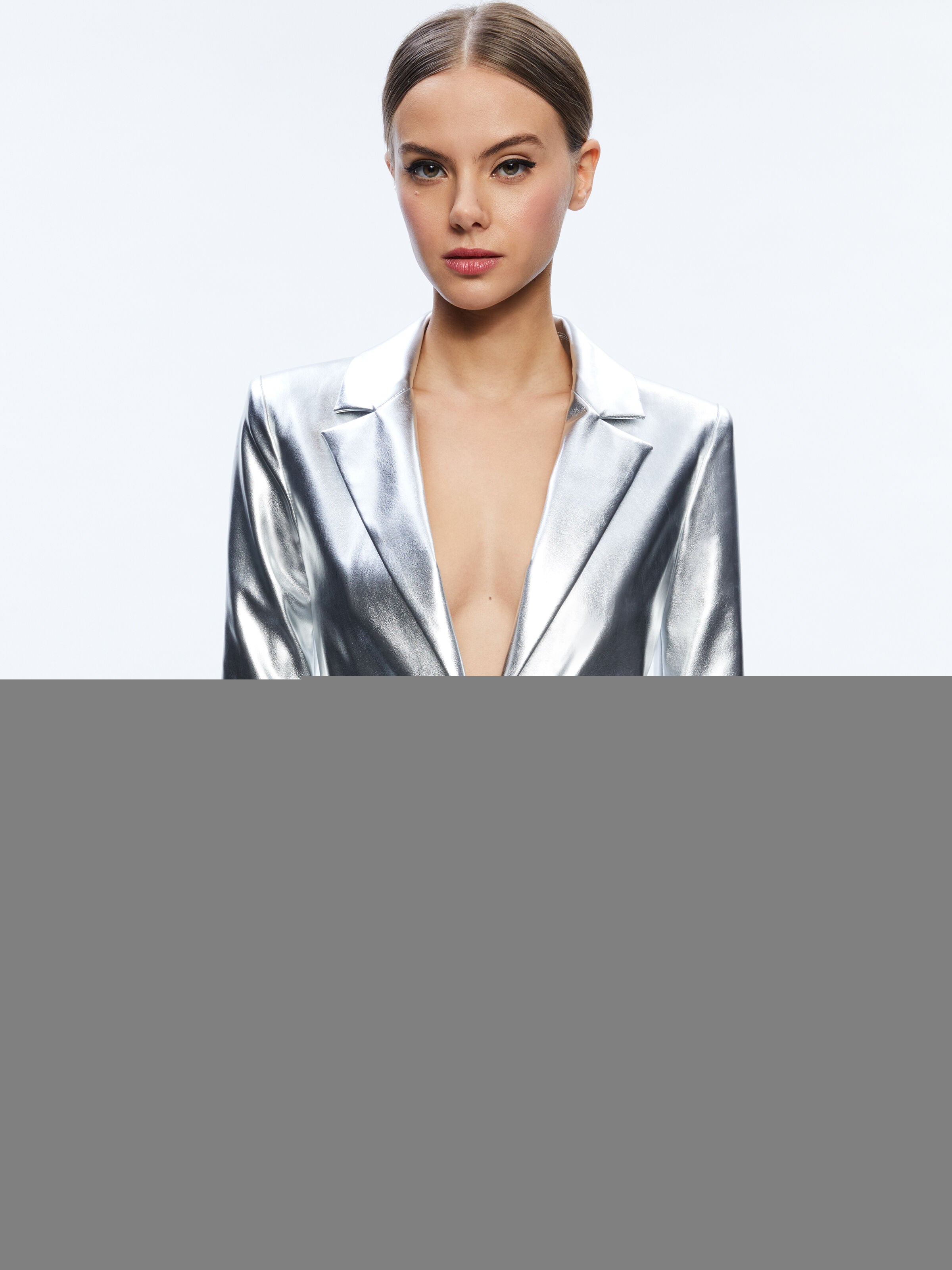 MACEY METALLIC VEGAN LEATHER BLAZER-SILVER-ALICE + OLIVIA