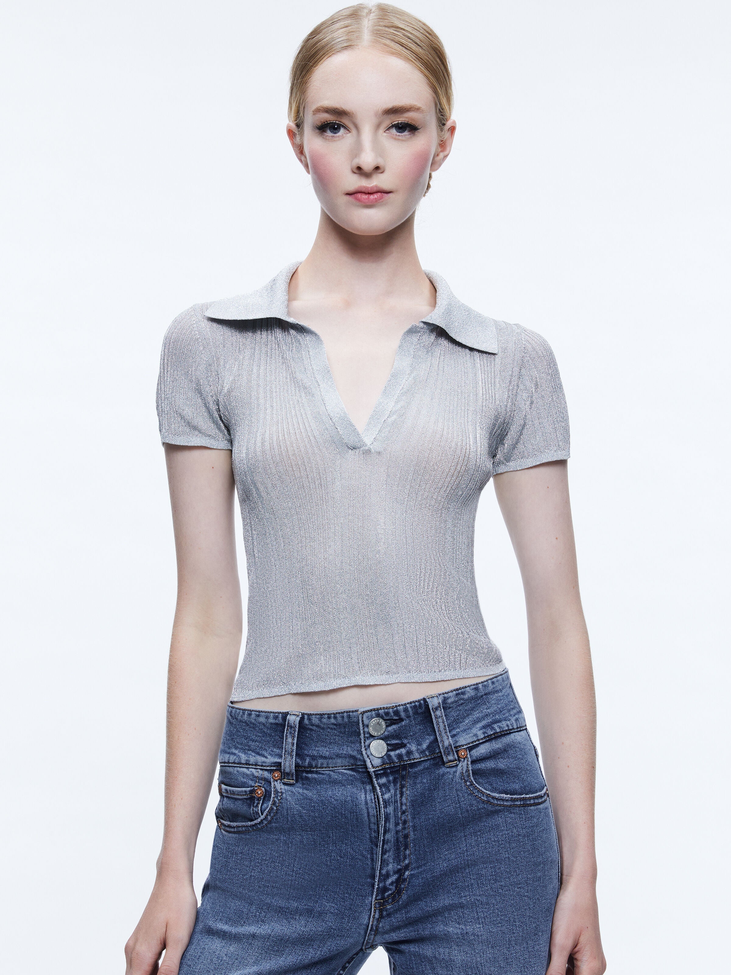 MARTHA METALLIC POLO CROP TOP-Black-ALICE + OLIVIA