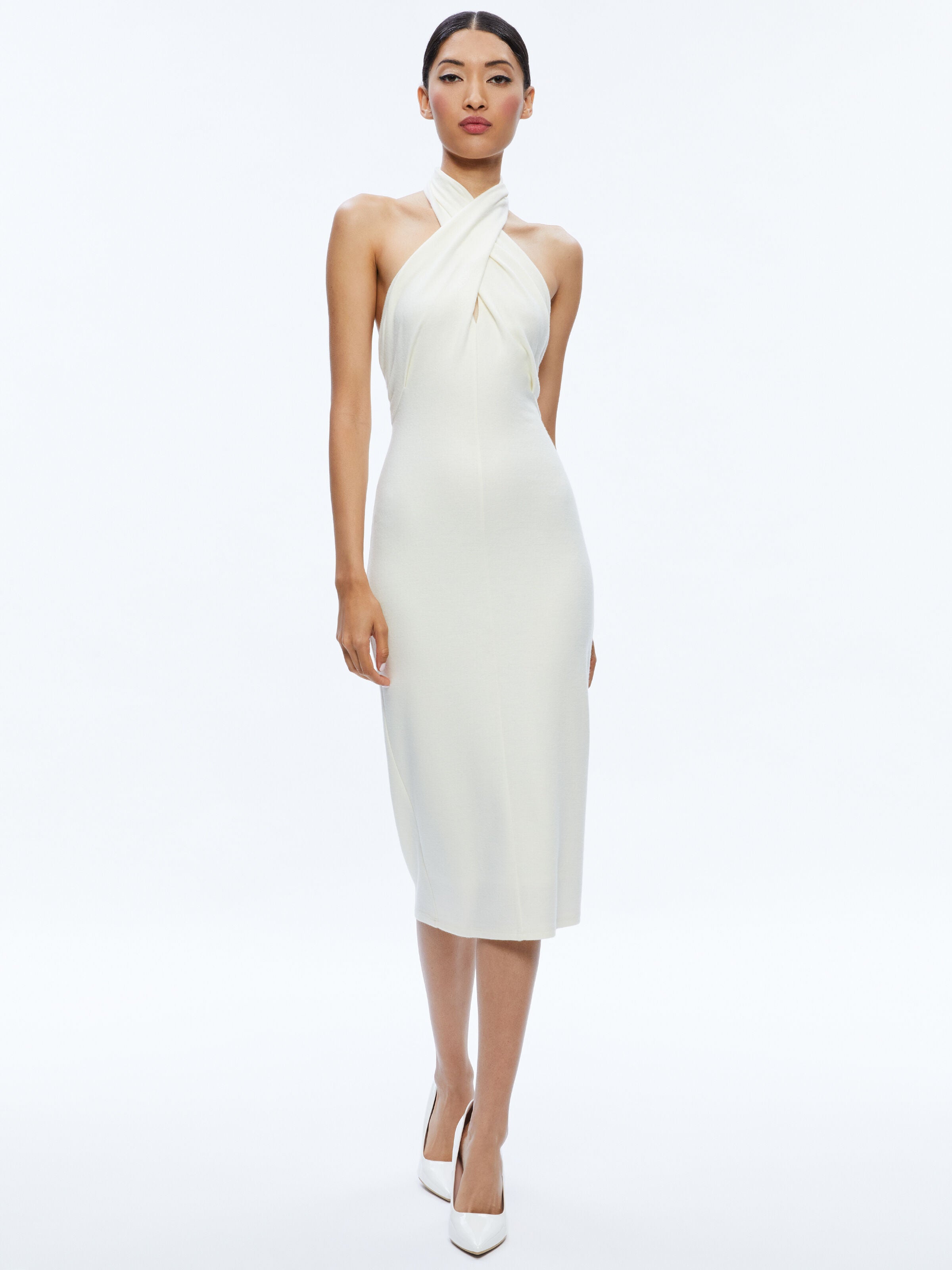 SUELLEN TWIST NECK HALTER MIDI DRESS-ECRU-ALICE + OLIVIA