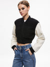 FELISA FUZZY KNIT CROPPED VARSITY JACKET-BLACK/ECRU-ALICE + OLIVIA