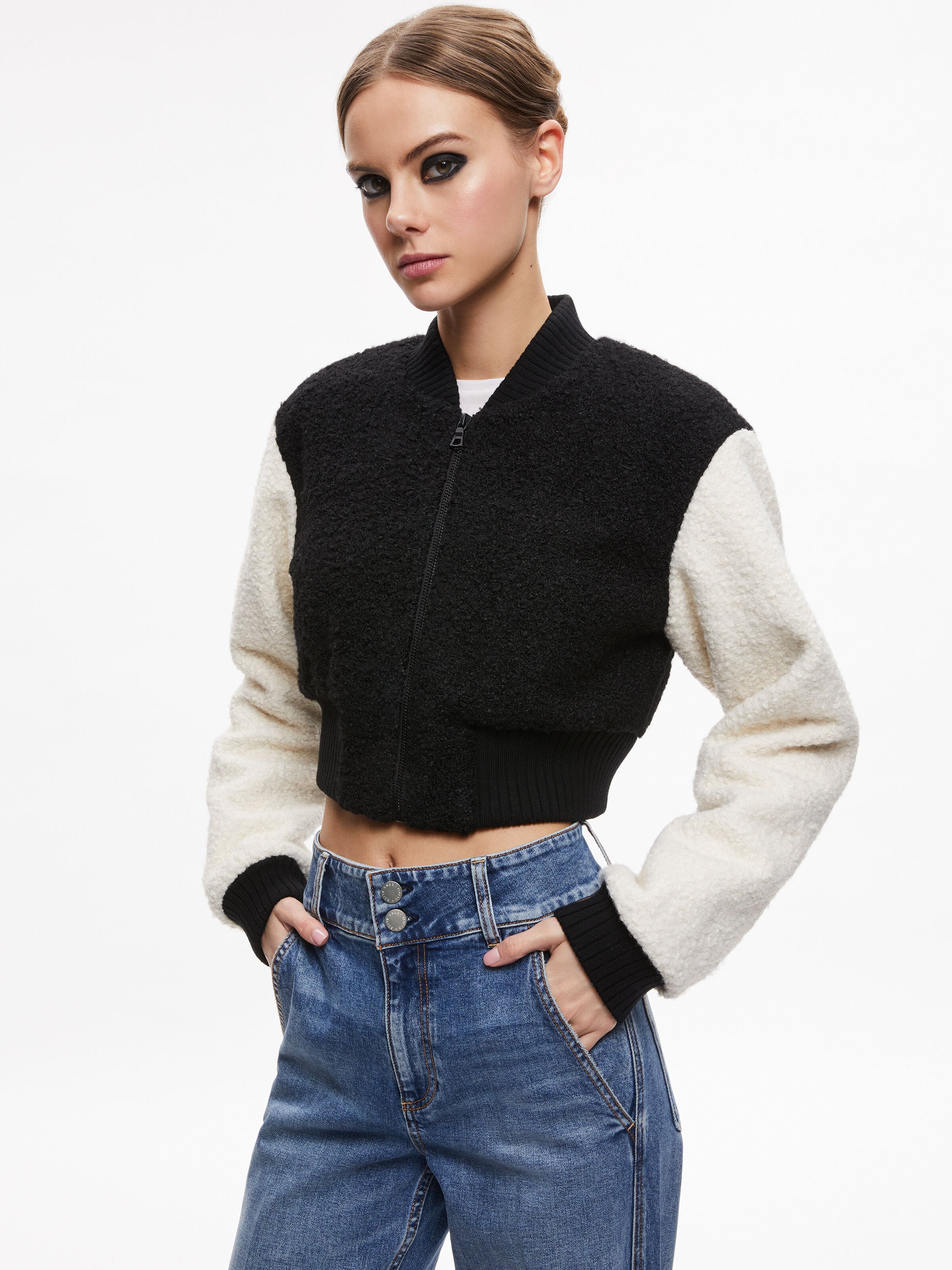 FELISA FUZZY KNIT CROPPED VARSITY JACKET-BLACK/ECRU-ALICE + OLIVIA
