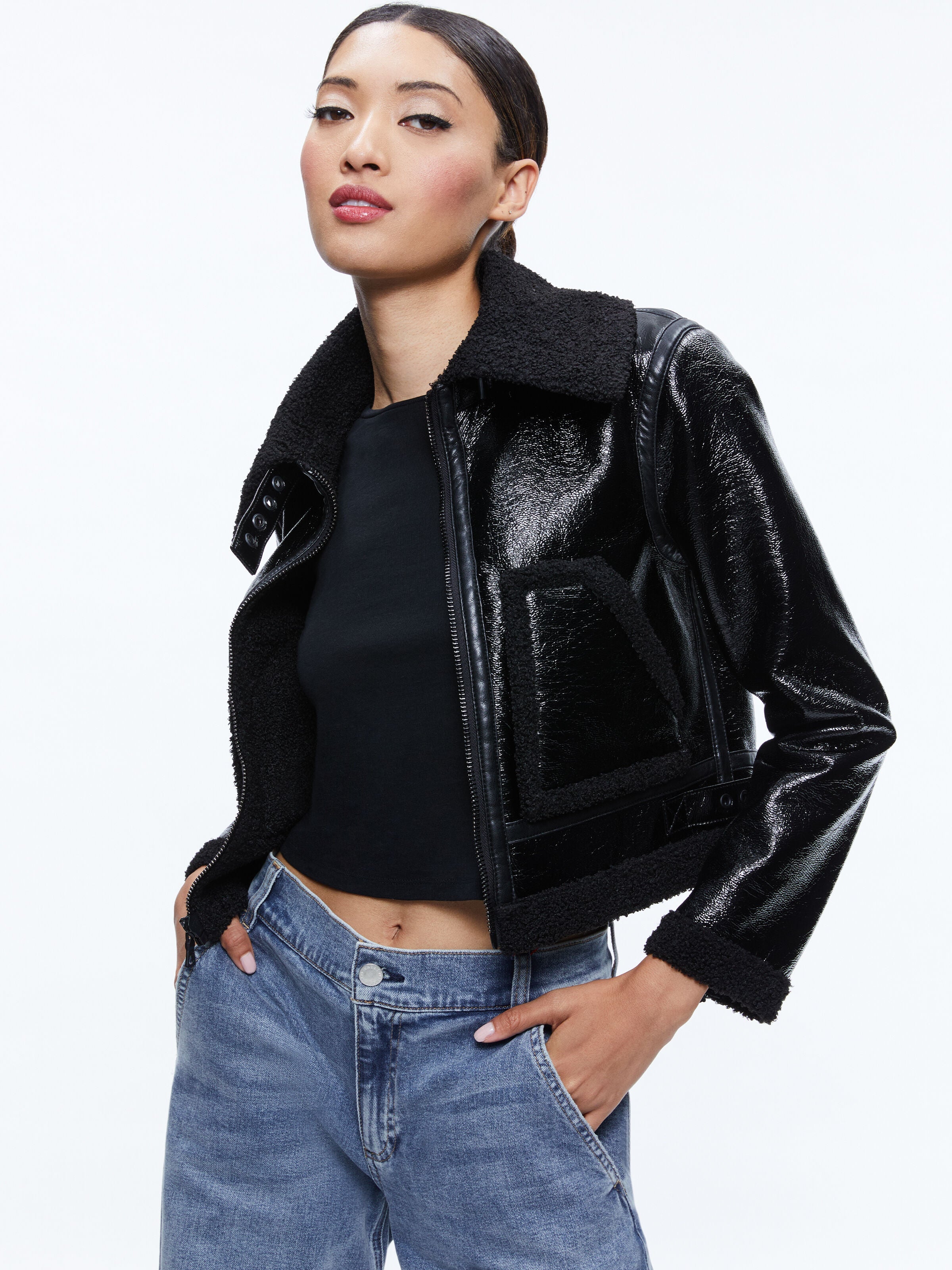 ISAIAH VEGAN LEATHER FAUX SHEARLING CROPPED JACKET-ALICE + OLIVIA
