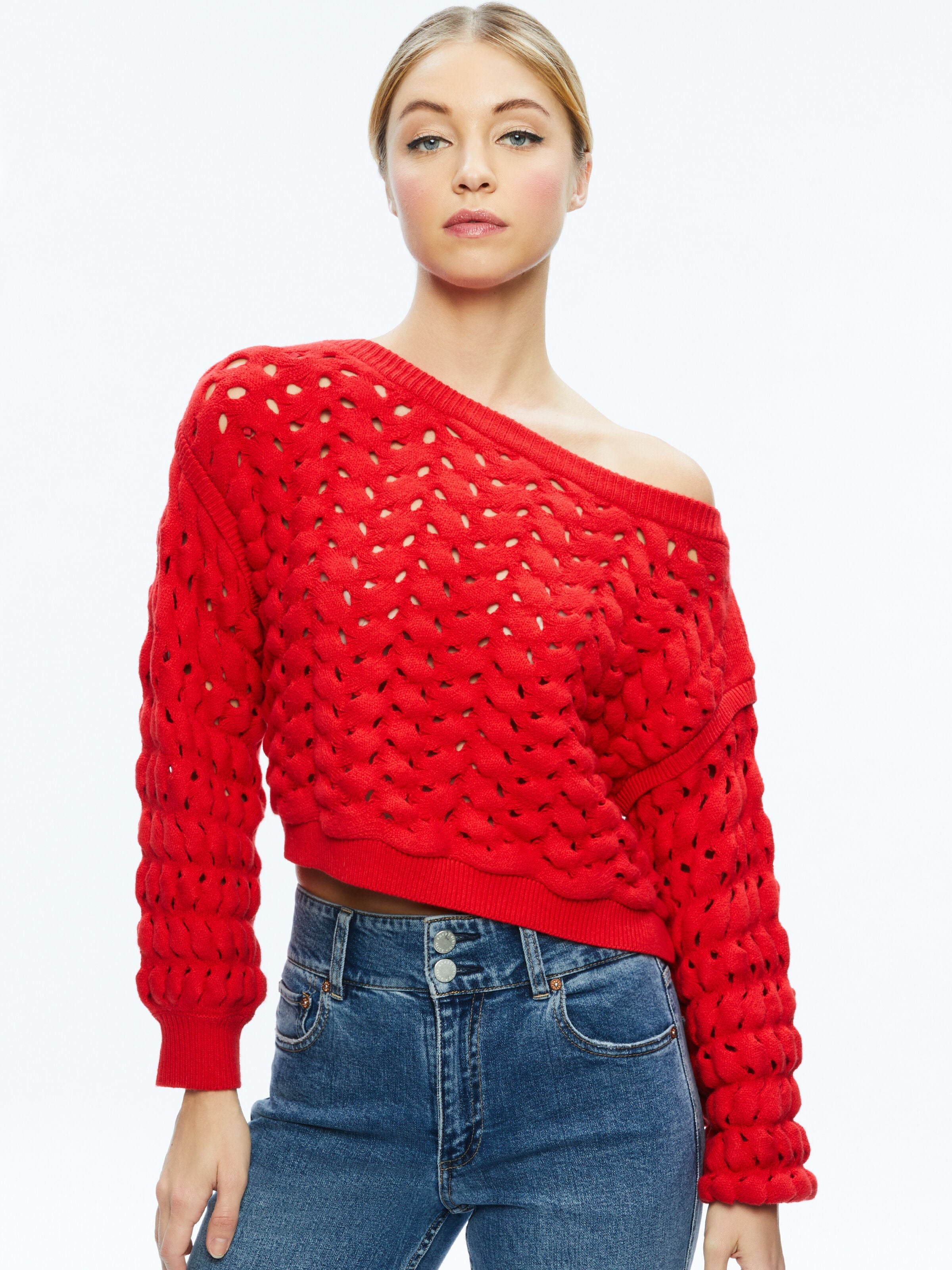 ALLENE CABLE KNIT CREWNECK-BRIGHT RUBY-ALICE + OLIVIA
