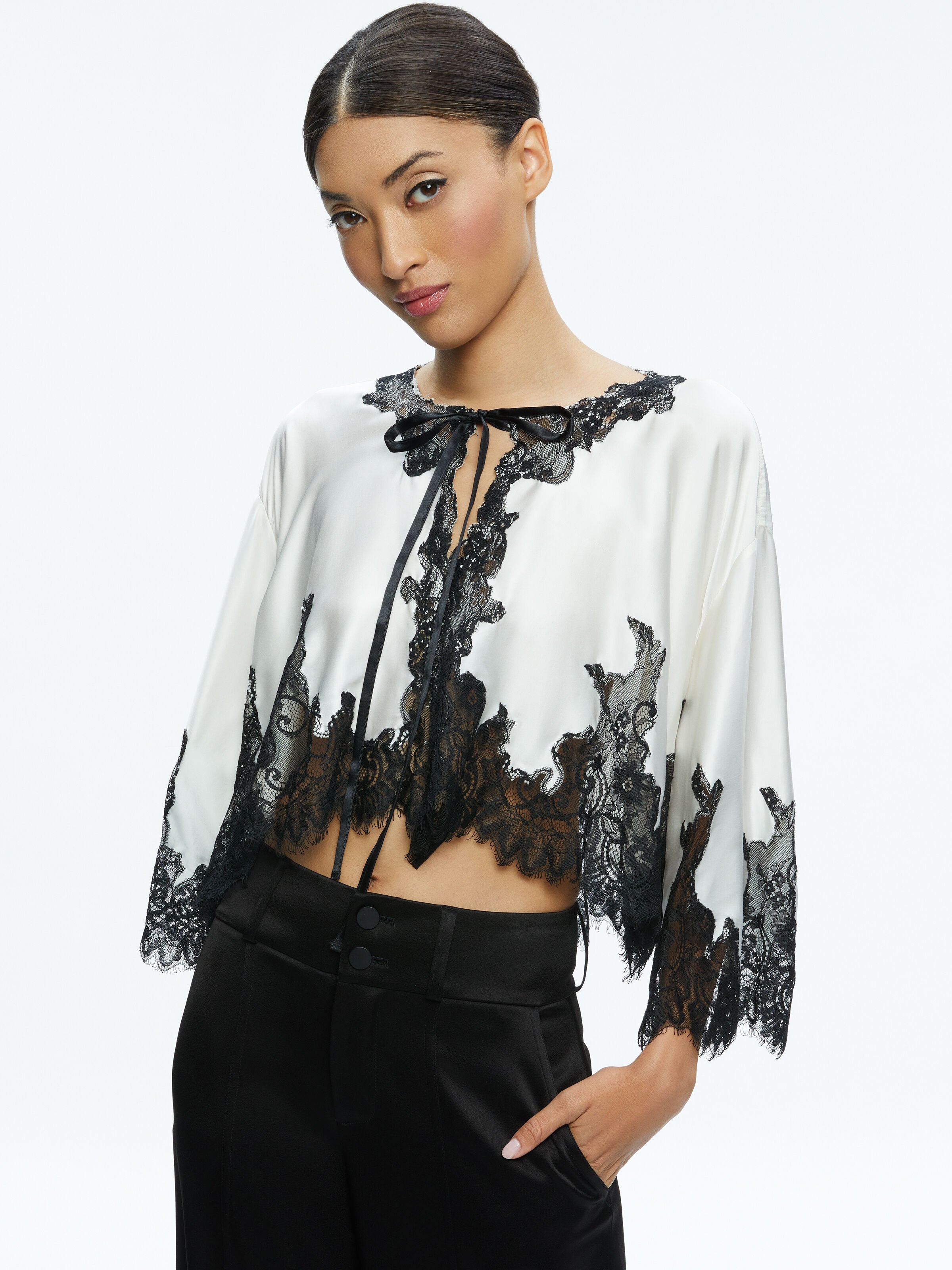 LOREE LACE TIE FRONT CROPPED JACKET-ALICE + OLIVIA
