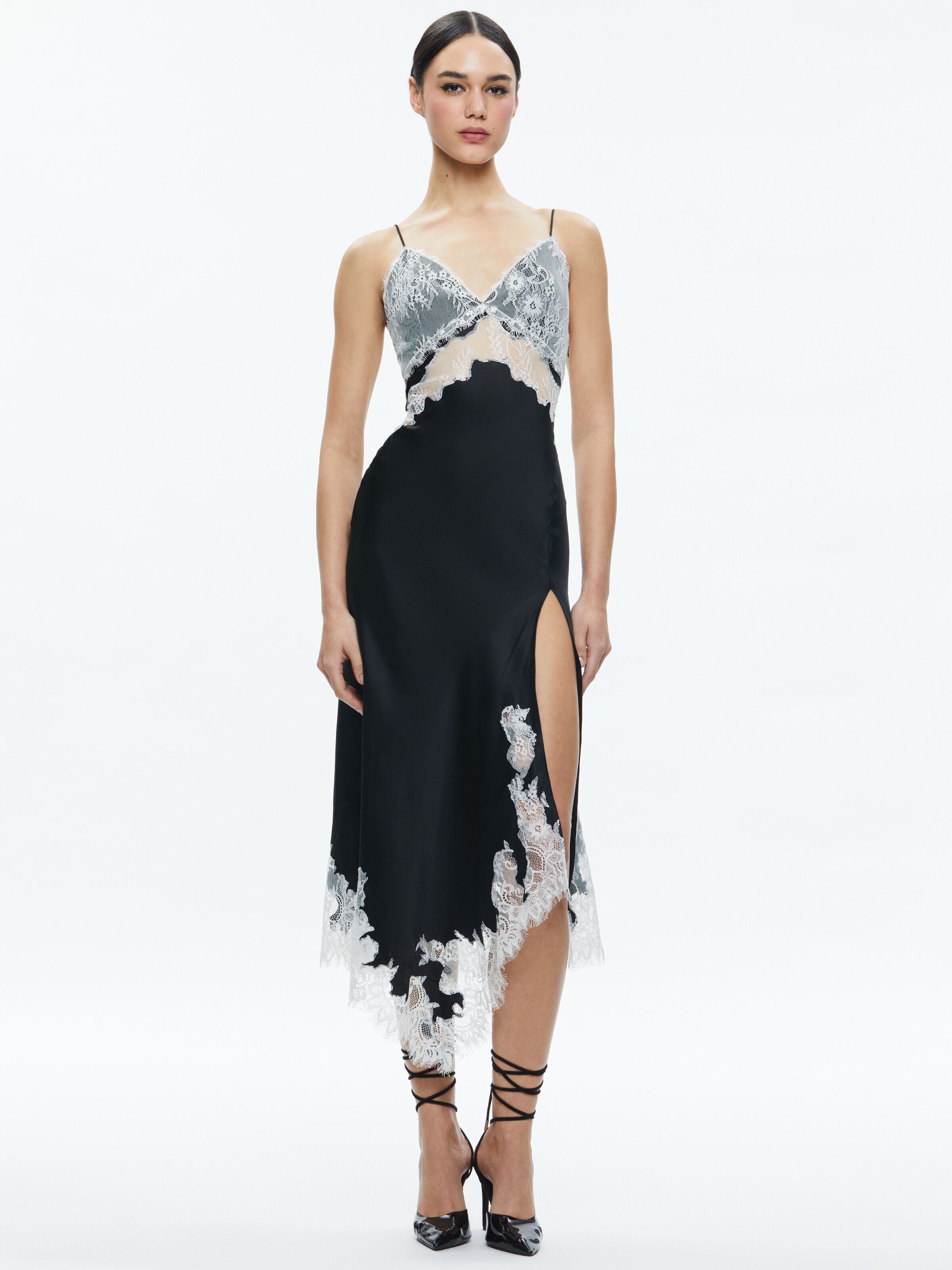 DAPHNE LACE ASYMMETRICAL SLIT MIDI DRESS-BLACK/OFF WHITE-ALICE + OLIVIA