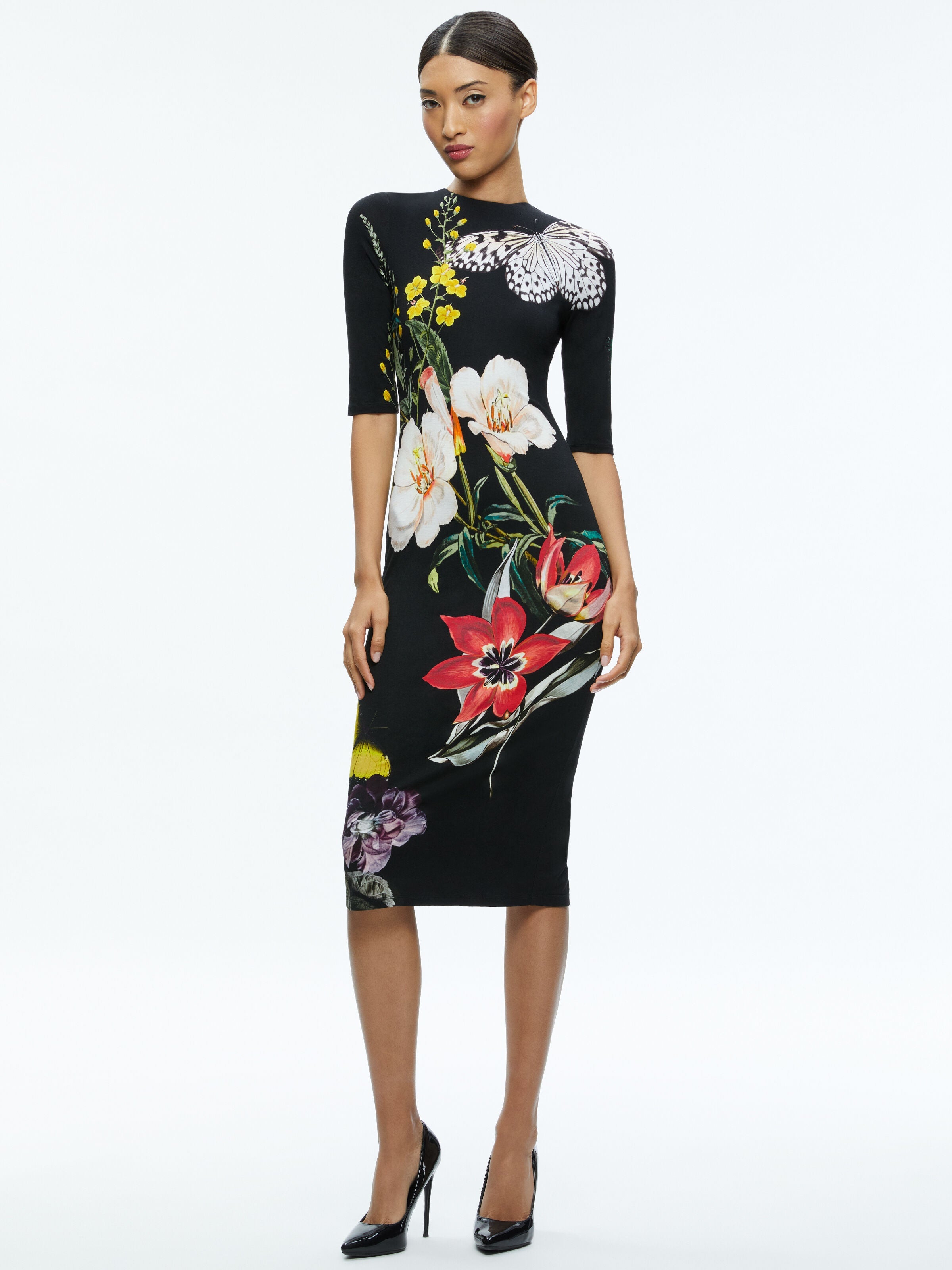 DELORA FLORAL CREWNECK MIDI DRESS-ALICE + OLIVIA