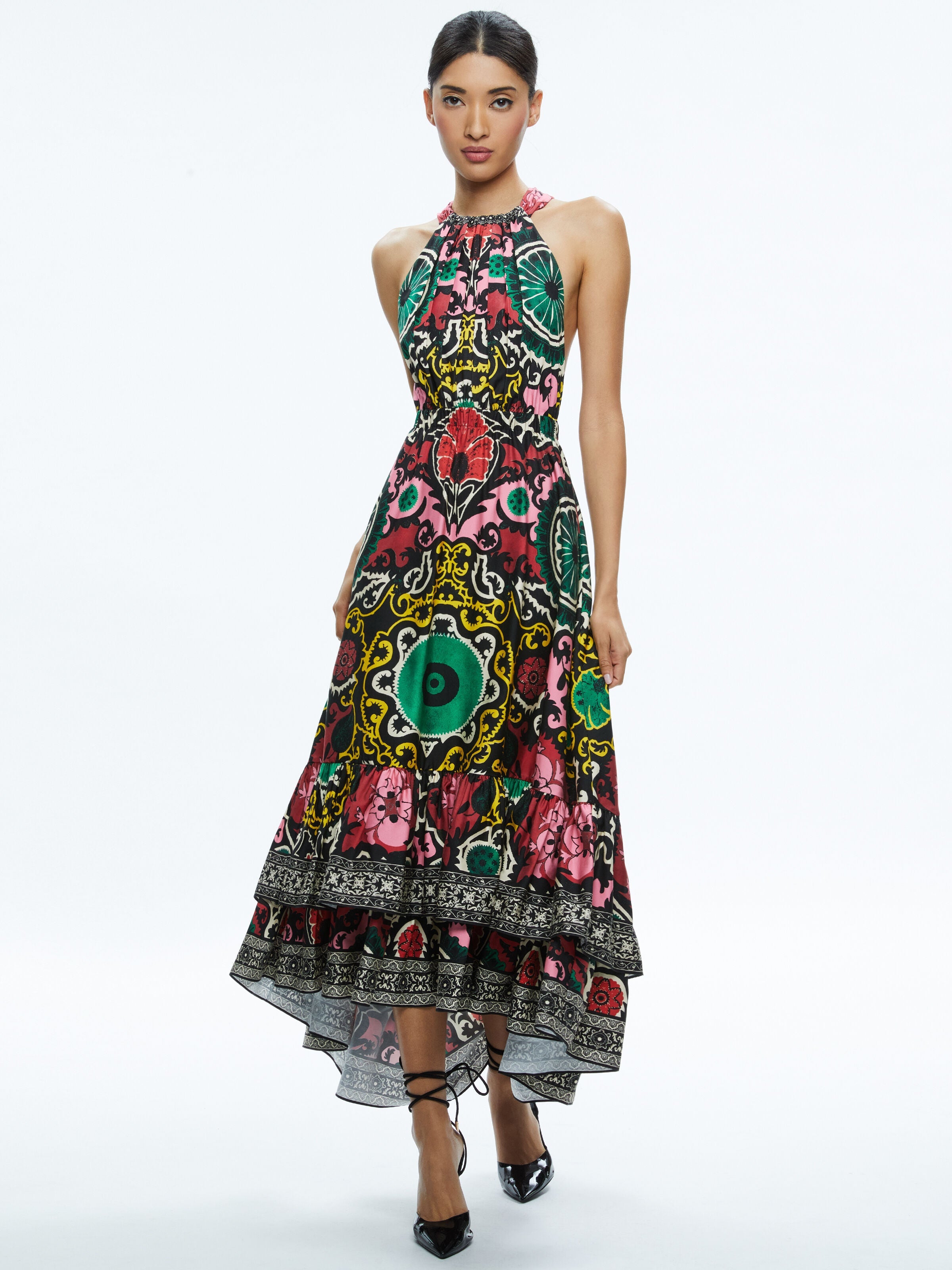 LOYCE TWIST BACK RUFFLE MAXI DRESS-MONARCH BLACK MEDIUM-ALICE + OLIVIA