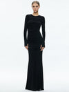 KATHERINA CREW NECK LONG SLEEVE RUCHED MAXI DRESS-Black-ALICE + OLIVIA