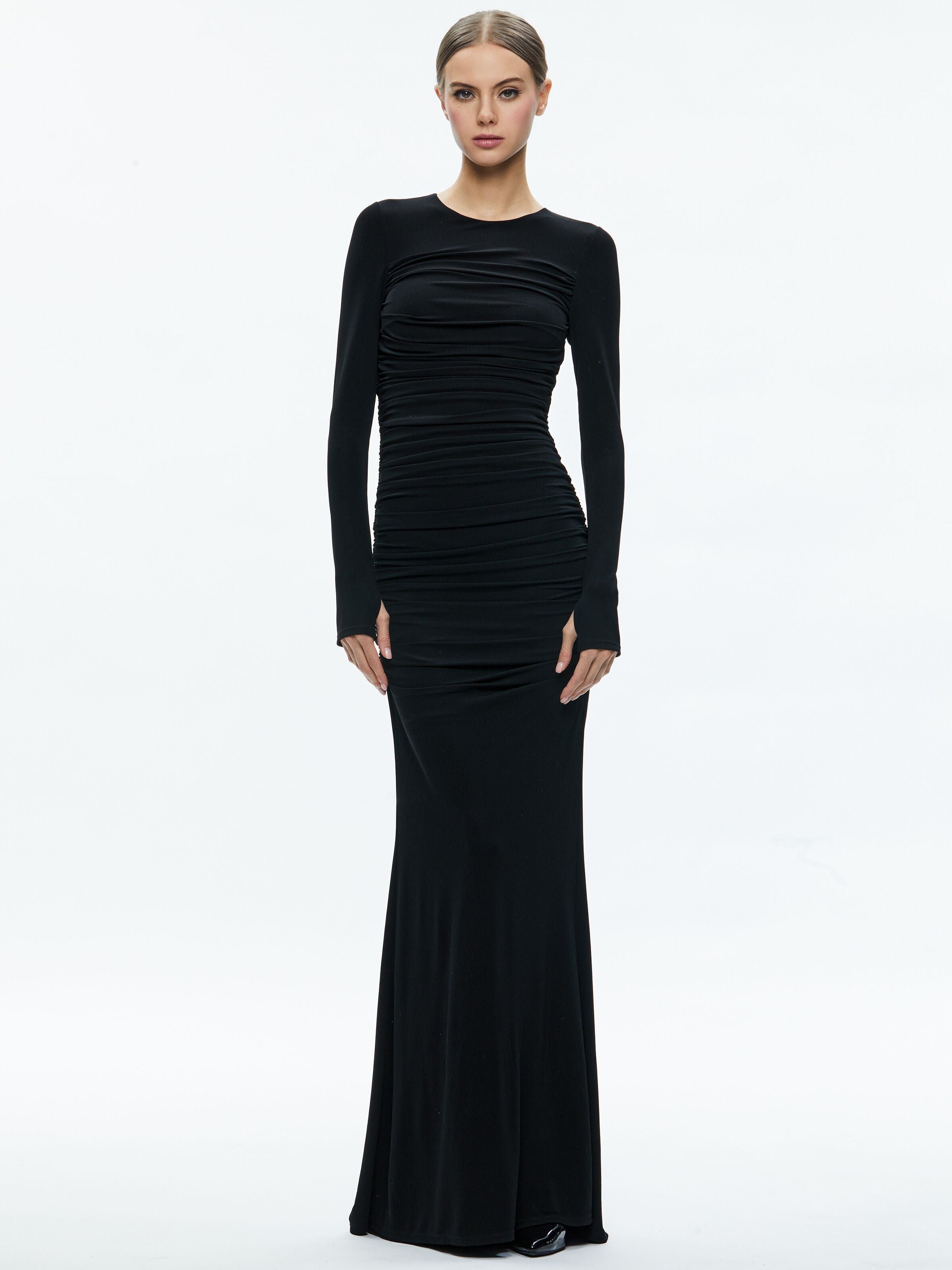 KATHERINA CREW NECK LONG SLEEVE RUCHED MAXI DRESS-Black-ALICE + OLIVIA