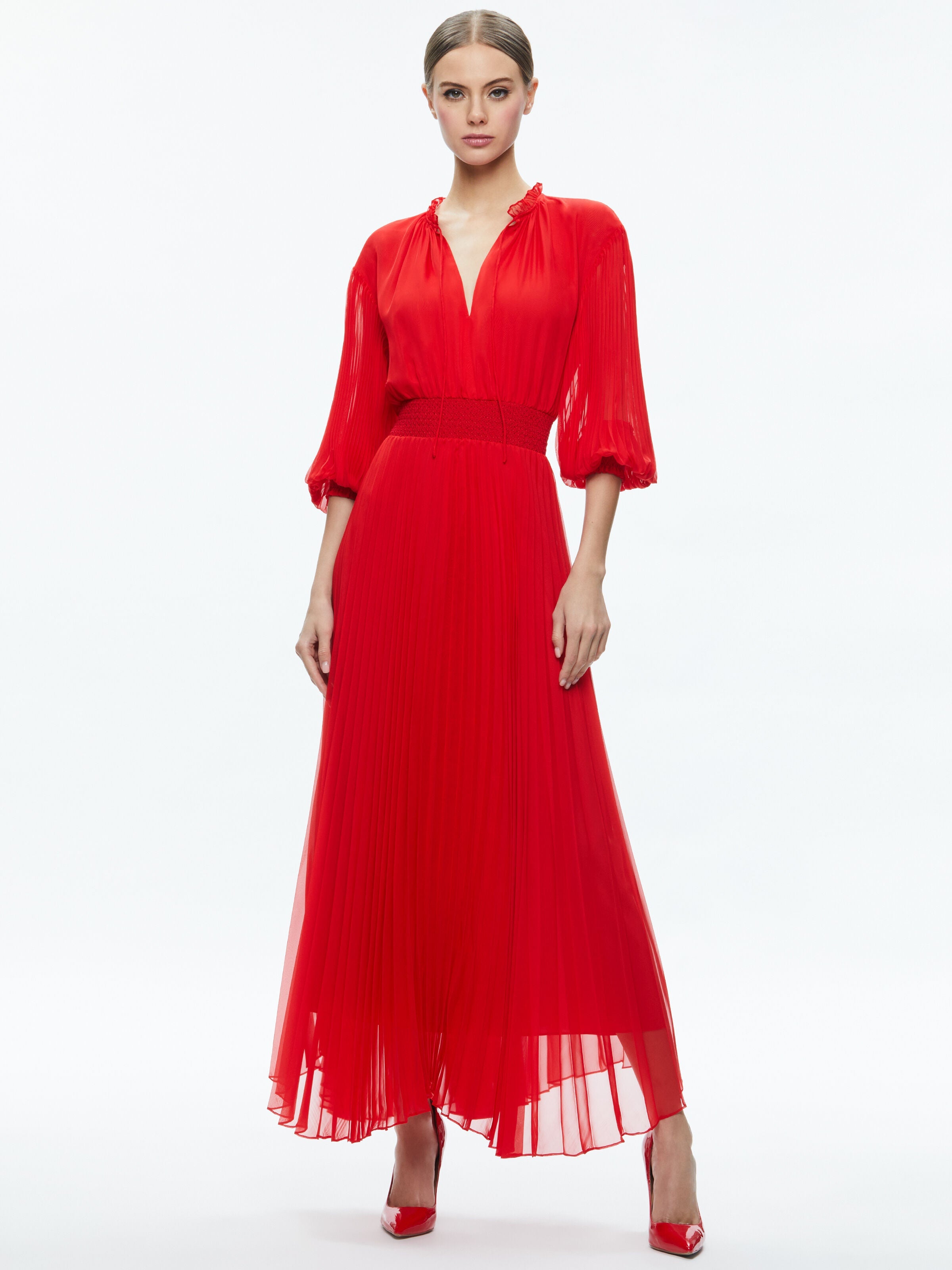 VERNIA BLOUSON SLEEVE PLEATED MAXI DRESS-BRIGHT RUBY-ALICE + OLIVIA