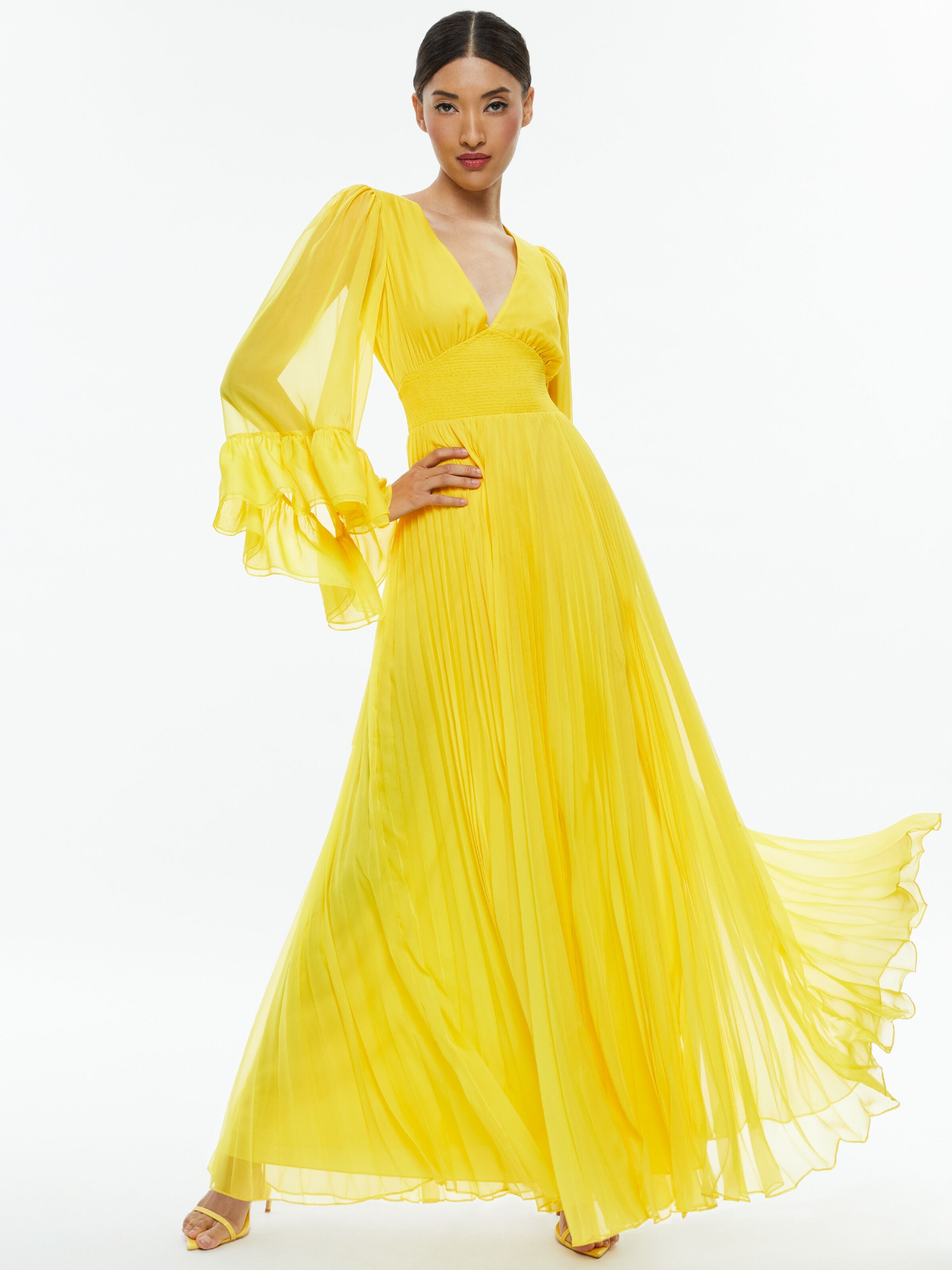 SELENE DEEP V NECK PLEATED MAXI DRESS-HAPPY YELLOW-ALICE + OLIVIA