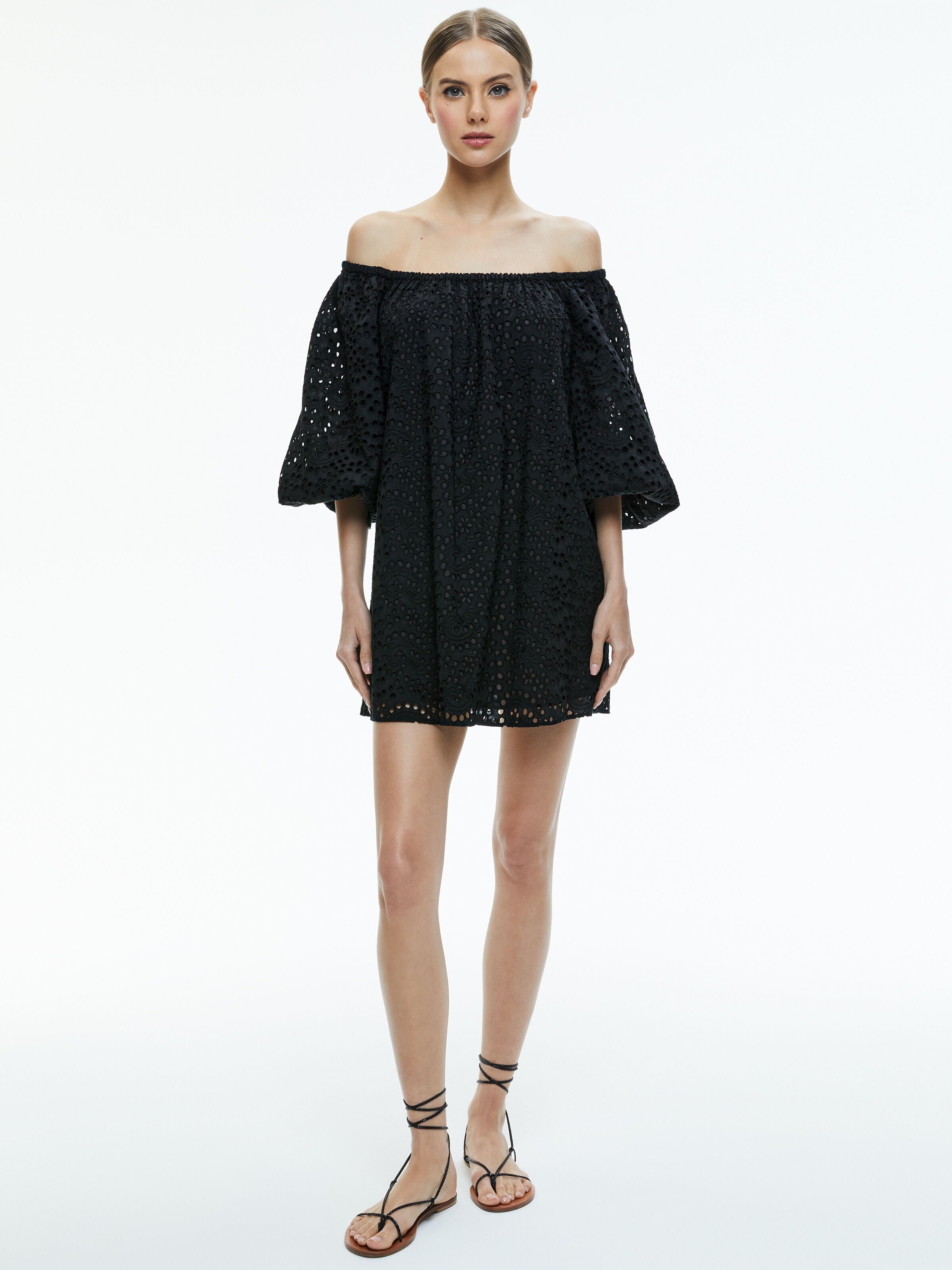 ARTEMIS OFF THE SHOULDER BLOUSON SLEEVE MINI DRESS-Black-ALICE + OLIVIA